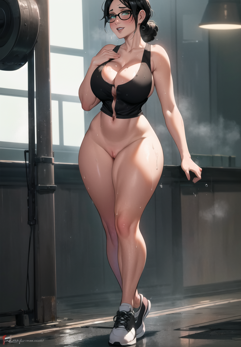 ai_generated big_breasts bottomless cixf glasses hand_on_chest huge_breasts miss_pauling sports_bra sports_shoes sweat sweatdrop sweaty sweaty_body team_fortress_2 tennis_shoes tf2 thick_thighs valve vulva