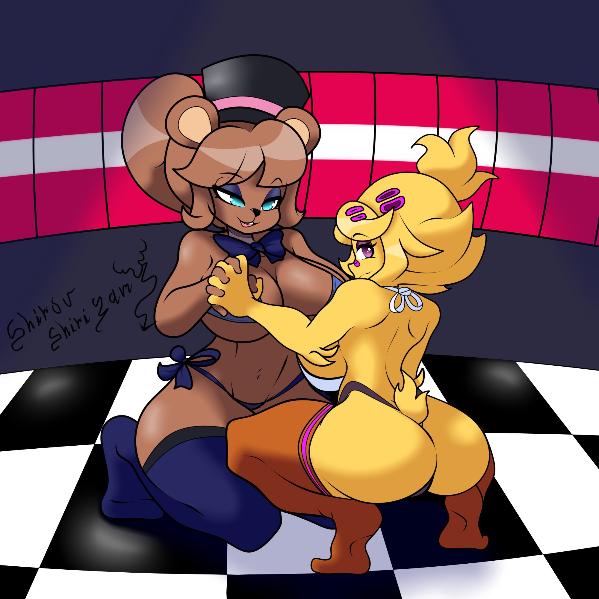 2girls, anthro, artist name, ass, big ass, big breasts, breasts, brown fur, cally3d, chica (cally3d), chica (fnaf), chiku, chiku (cryptia), clazzey, cryptiacurves, curvy, fazclaire's nightclub, female, female only, five nights at freddy's, fnaf, freddy (fnaf), fredina (cally3d), fredina's nightclub, frenni (cryptia), frenni fazclaire, furry, hat, hi res, scottgames, shirou shirigamy, thick thighs, thighhighs, voluptuous, yellow fur