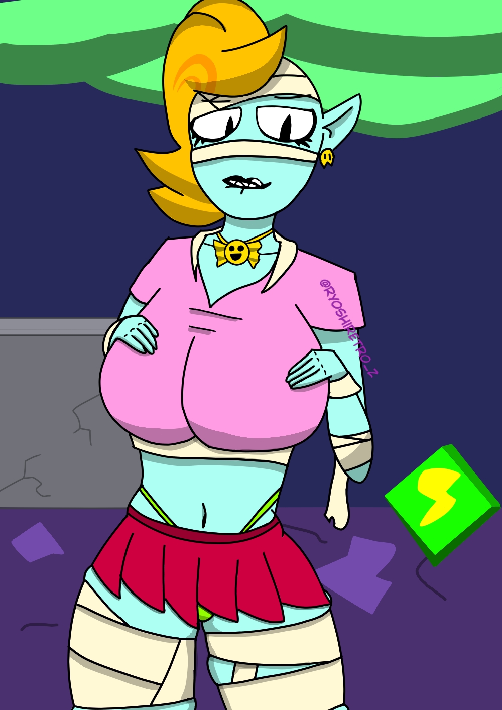 bandages big_breasts biting_lip blonde_hair brawl_stars emz_(brawl_stars) lipstick mean_girl_emz_(brawl_stars) ryoshiretroz short_skirt zombie_girl