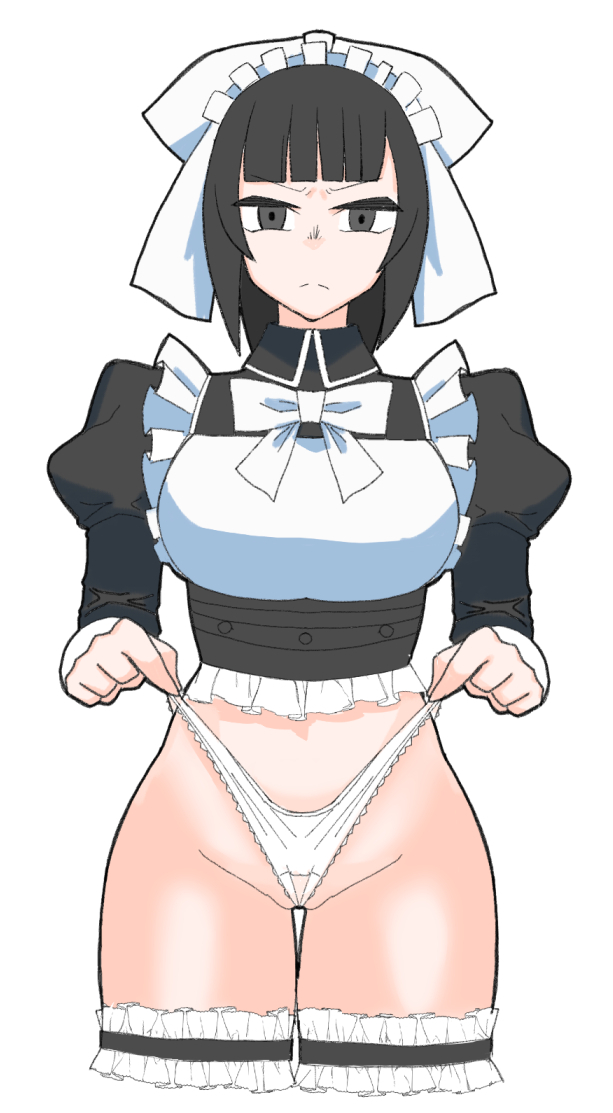 1girls 2d bare_thighs emotionless empty_eyes expressionless female female_focus female_only looking_at_viewer maid maid_headdress maid_uniform narberal_gamma overlord_(maruyama) pulling_panties shaved_pussy simple_background thigh_gap thighs zeiminarai