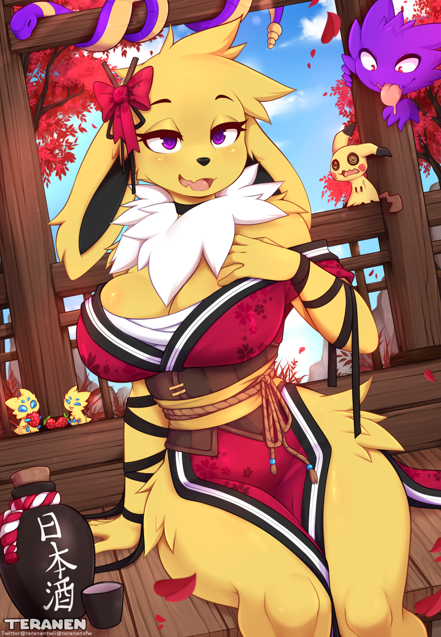 anthro, eeveelution, female, furry, jolteon, kimono, pokemon, pokemon (species), purple eyes, sitting, teranen, yellow fur