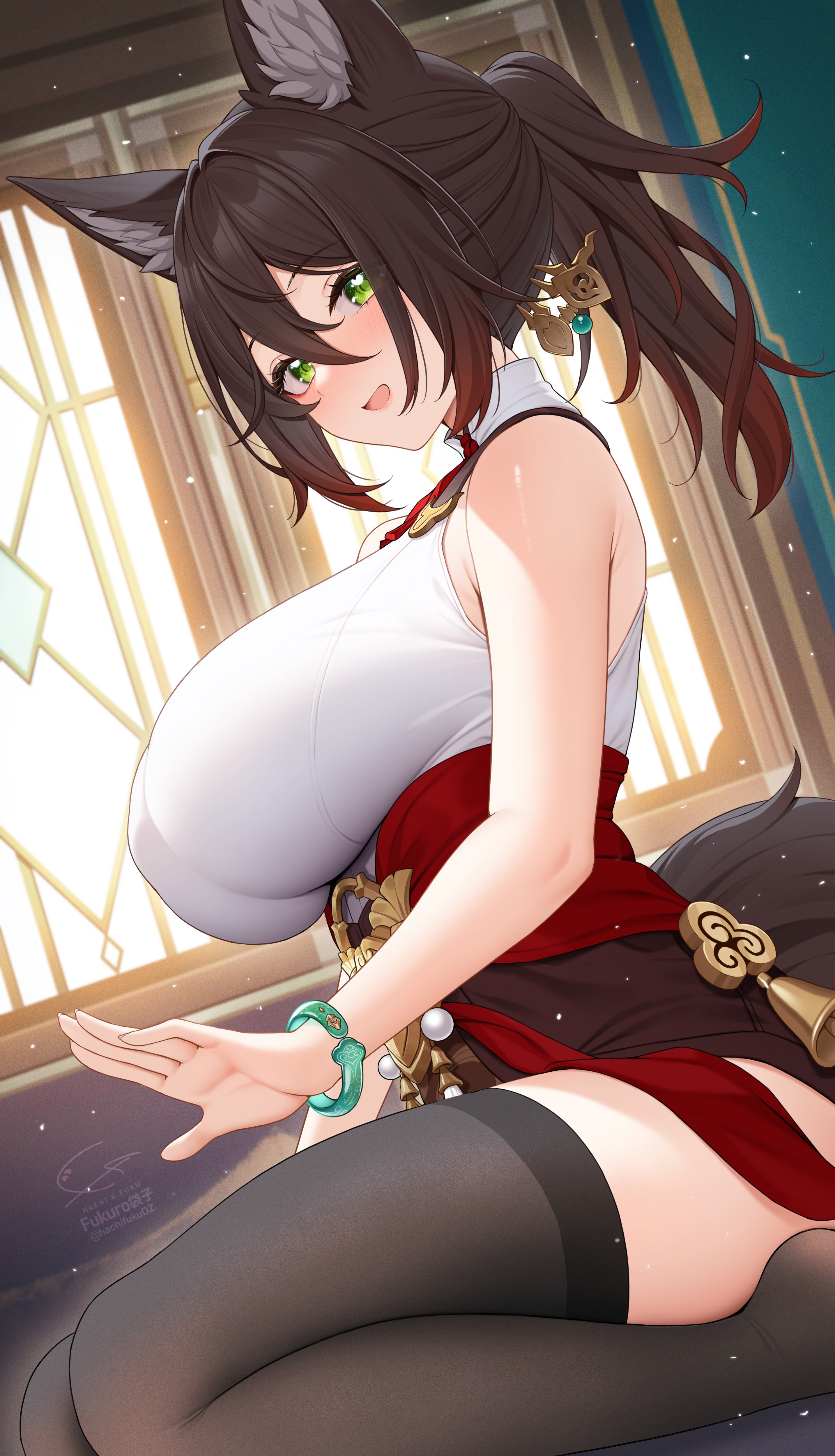 1girls, animal ears, big breasts, blush, bracelet, breasts, brown hair, clothing, female, female only, fukuro ko (greentea), green eyes, hair ornament, hi res, highres, honkai: star rail, huge breasts, indoors, large breasts, looking at viewer, solo, solo female, solo focus, thick, thick thighs, thighhighs, tingyun (honkai: star rail), voluptuous