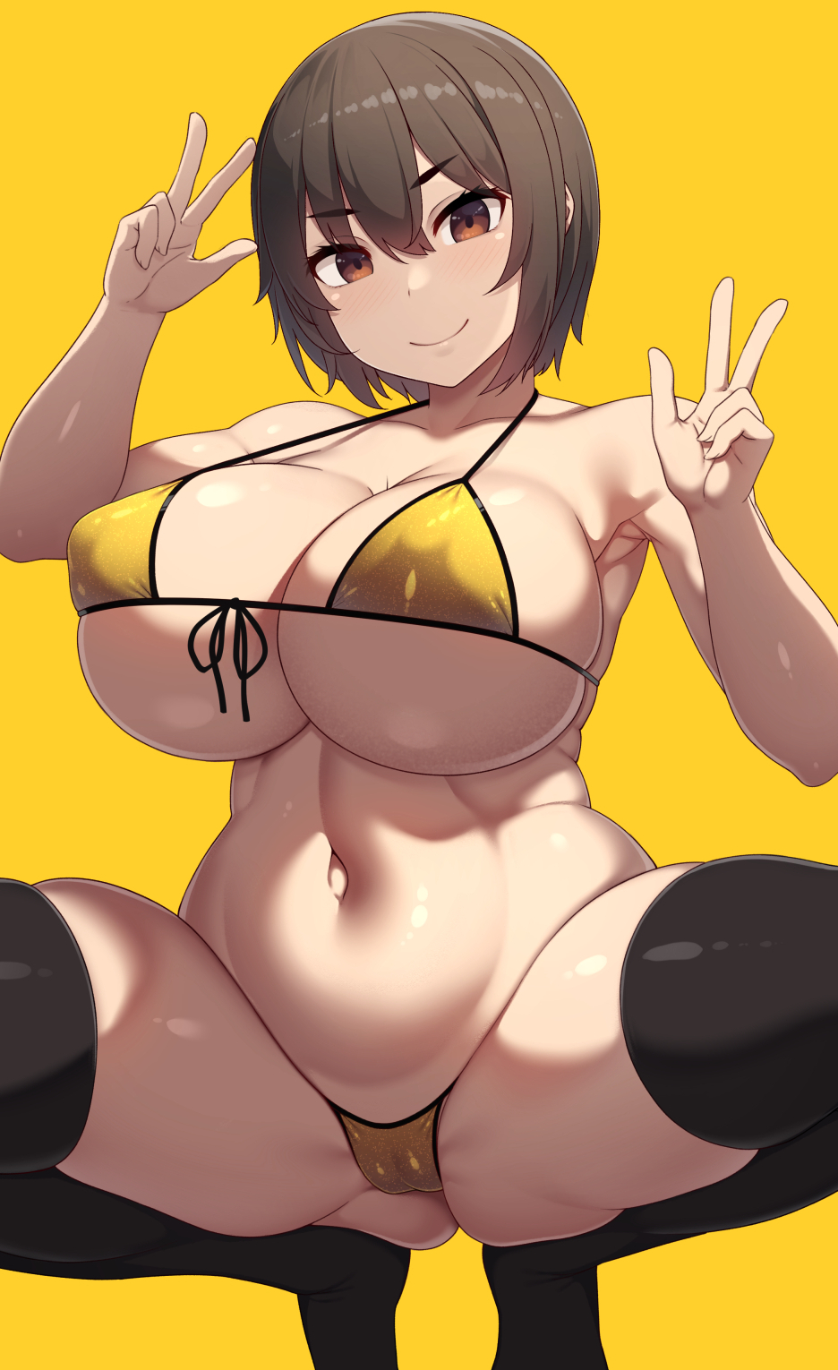 1girls bikini breasts brown_hair female gold_bikini huge_breasts light-skinned_female light_skin massive_breasts naughty_face original original_character peace_sign samegami short_hair squatting