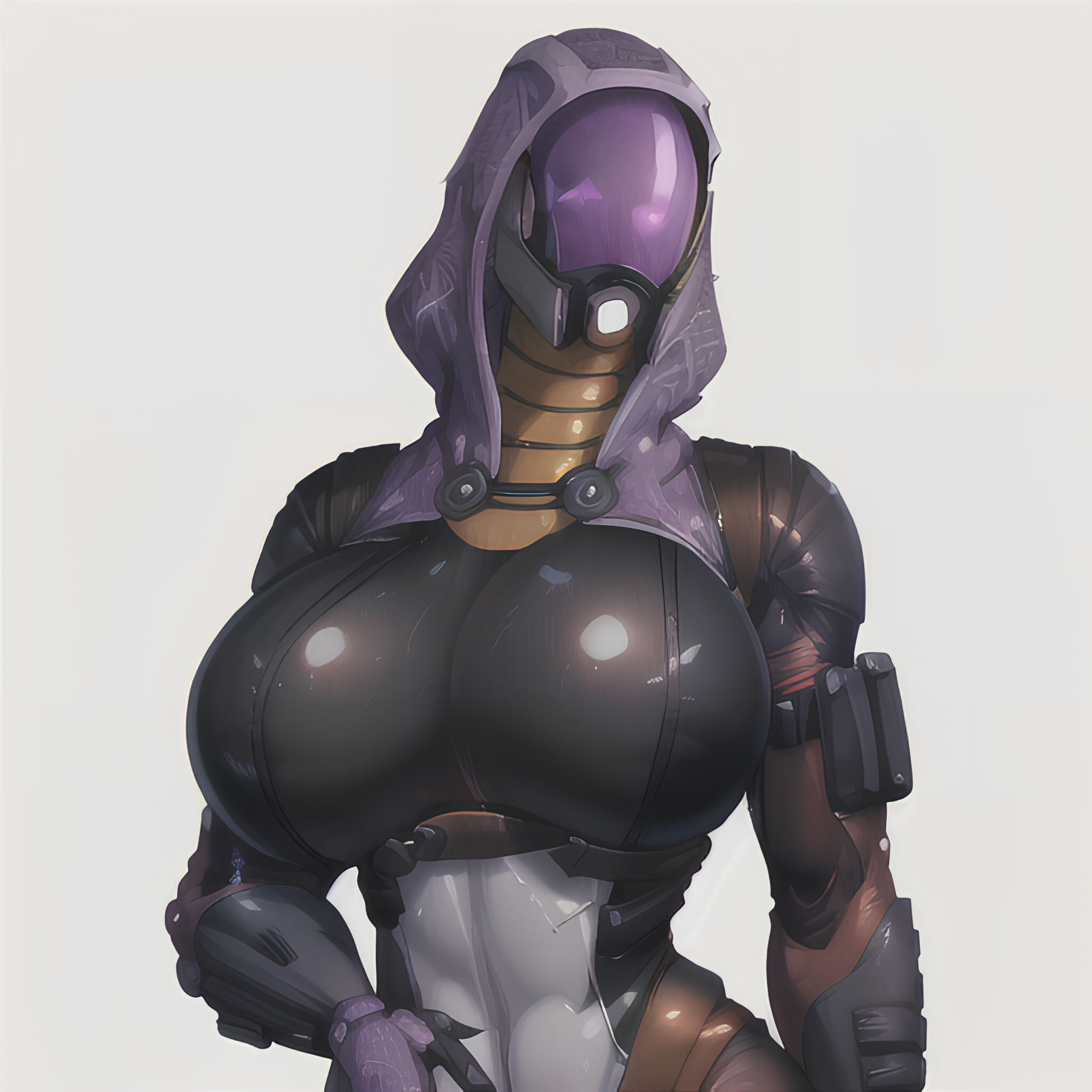 ai generated, alien, alien girl, athletic, athletic female, big breasts, bioware, bodysuit, breasts, electronic arts, female, glowing eyes, grey background, helmet, huge breasts, infinitetali, mass effect, muscular, quarian, skin tight, solo, tali'zorah nar rayya, toned, upper body