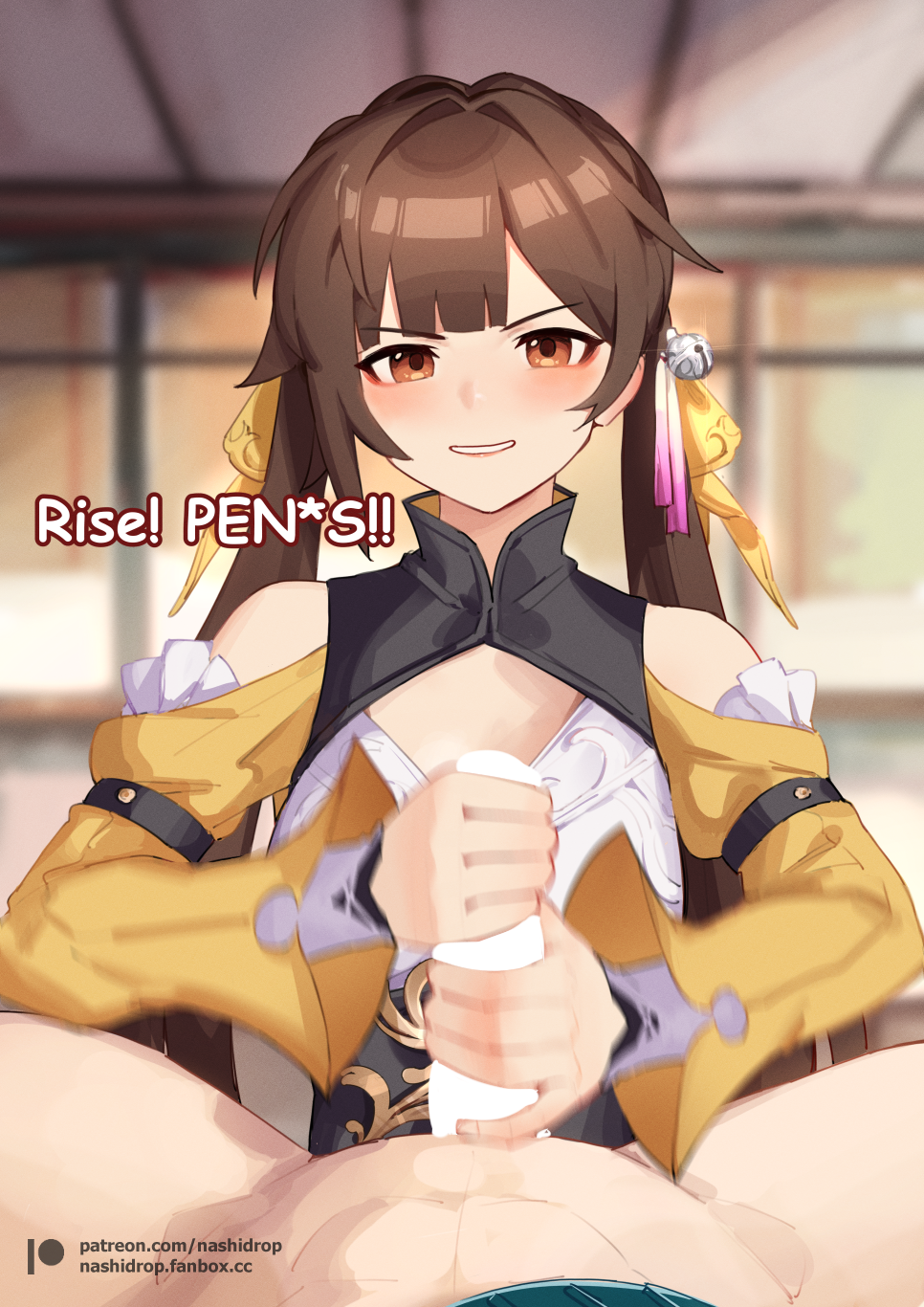 1boy 1girls bare_shoulders blank_censor blurry blurry_background blush breasts brown_eyes brown_hair censored censored_text cleavage clothed_male_nude_female clothing_cutout english_text erection female handjob highres honkai:_star_rail honkai_(series) light-skinned_female light-skinned_male light_skin long_hair looking_at_viewer nashidrop nude paid_reward_available patreon_username penis pov pov_crotch shirt shoulder_cutout smile source_quote_parody sushang_(honkai:_star_rail) two-handed_handjob white_shirt