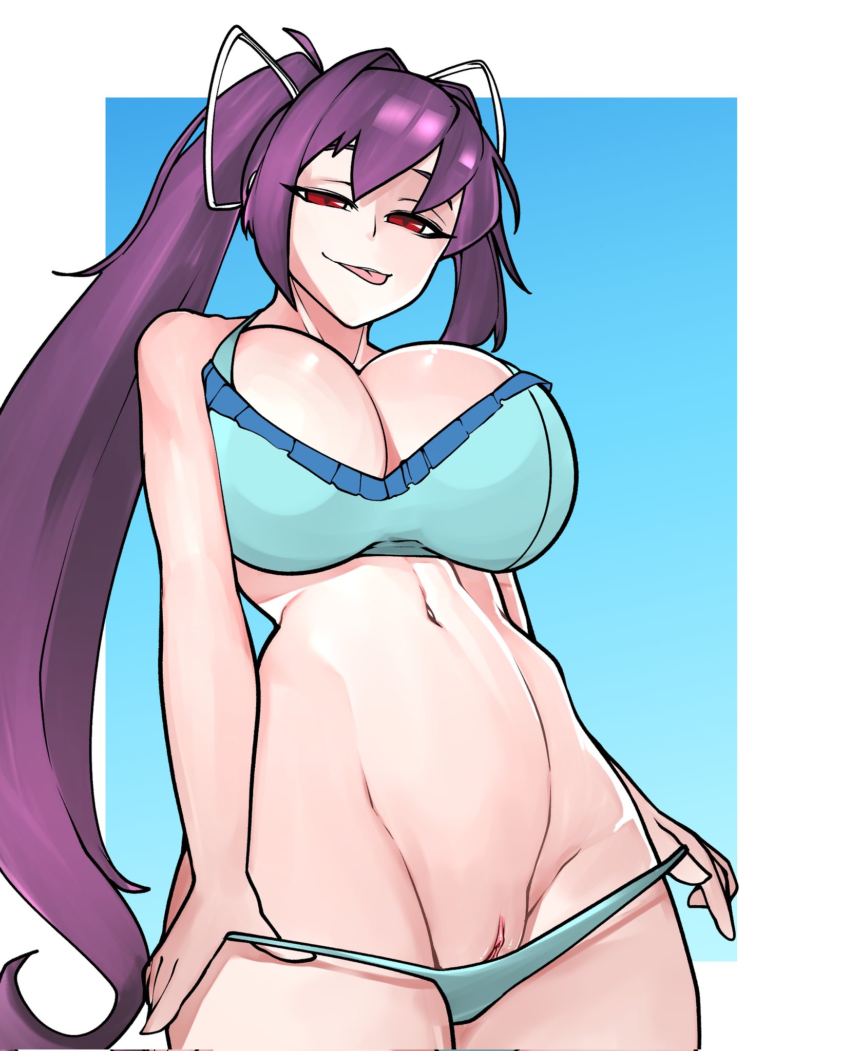 1girls, big breasts, bikini, bikini pull, blue swimsuit, breasts, brothbowl, busty, cleavage, female, hair ribbon, large breasts, long hair, naughty face, navel, noodledoodles, ponytail, purple hair, pussy, pussy peek, red eyes, smile, solo, solo female, tease, teasing, tongue, tongue out, under night in-birth, undressing, yuzuriha (under night in-birth)