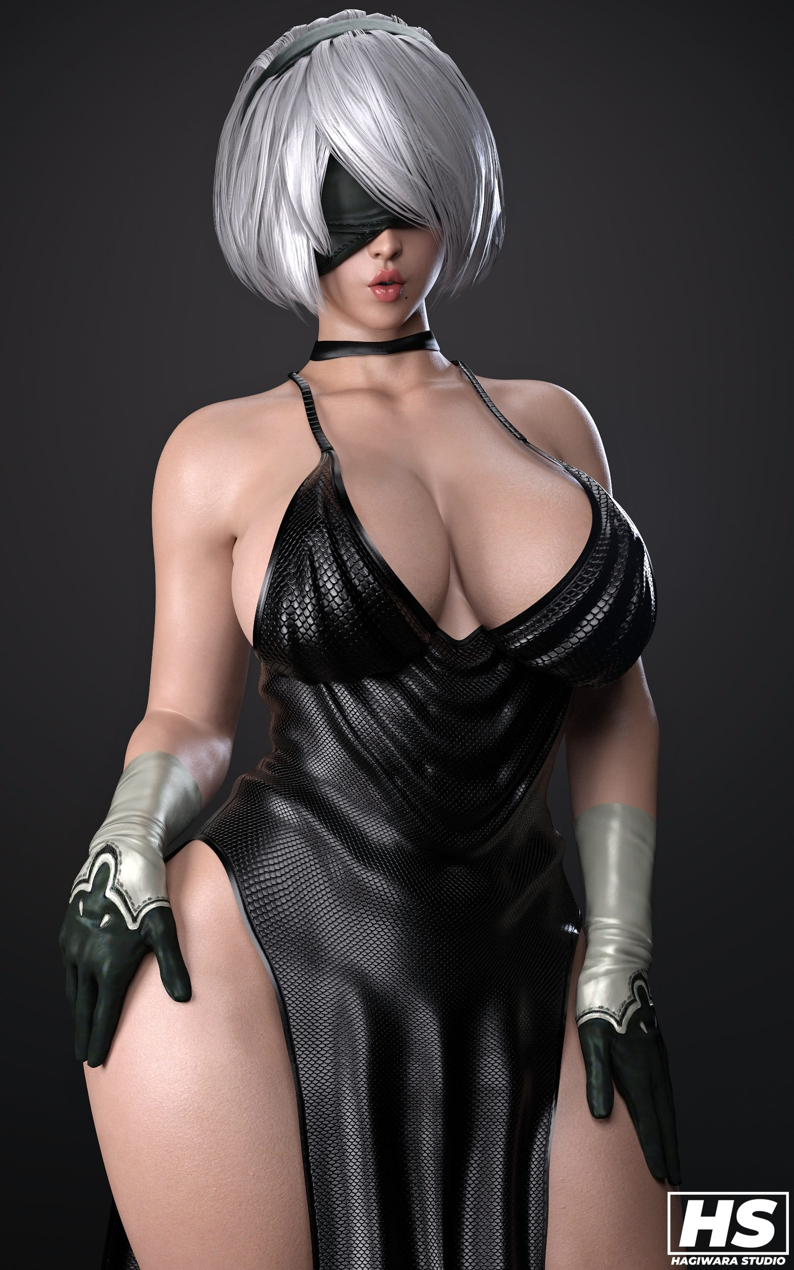 3d, android, big breasts, black dress, blindfold, breasts, curvaceous, dress, female, female only, hagiwara studio, nier, nier: automata, robot girl, sexbot, solo, solo female, tagme, thick thighs, white hair, yorha 2b