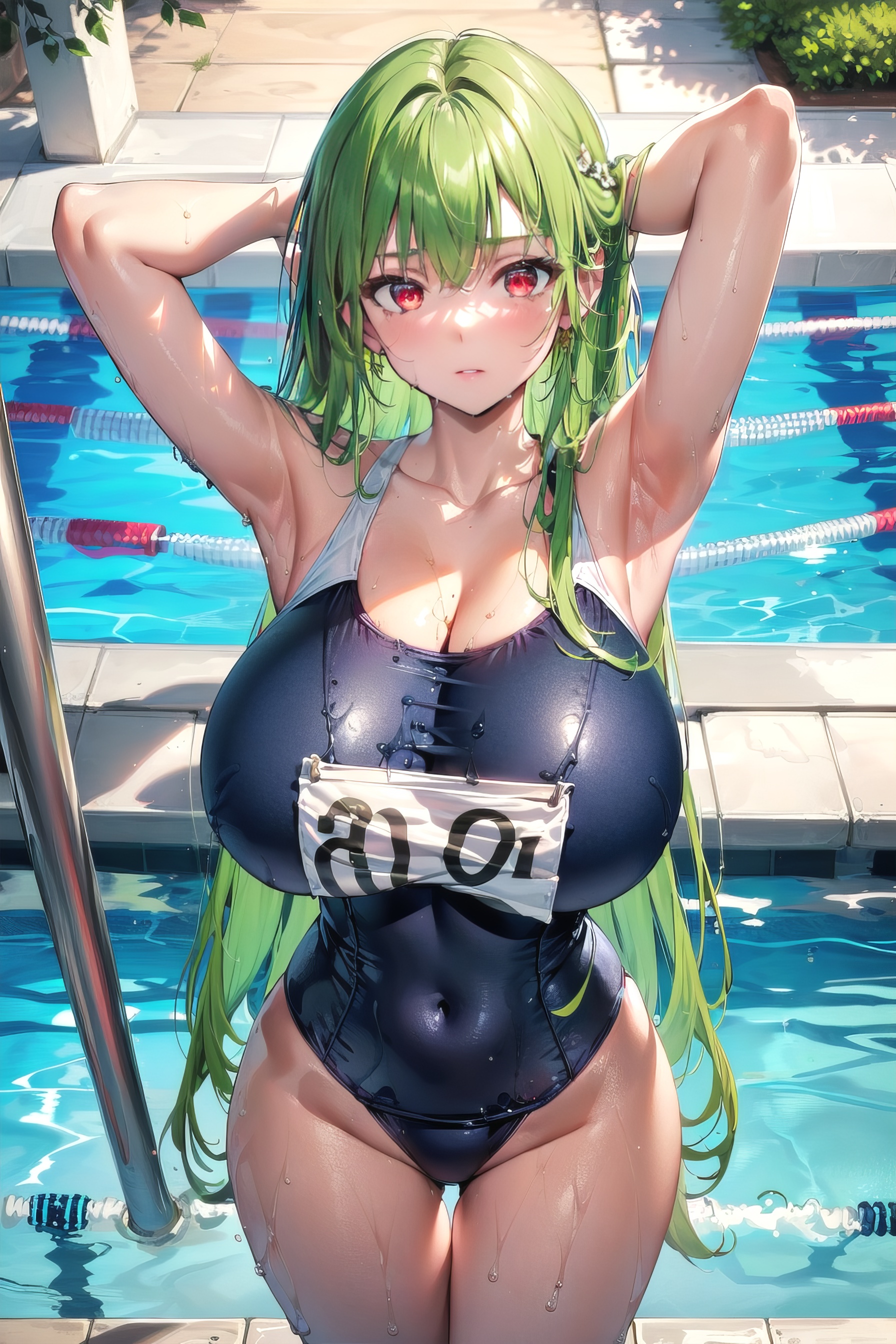 ai generated, breasts, curvy body, curvy female, curvy figure, female, female focus, female only, highres, huge breasts, long hair, stable diffusion, swimming pool, swimsuit
