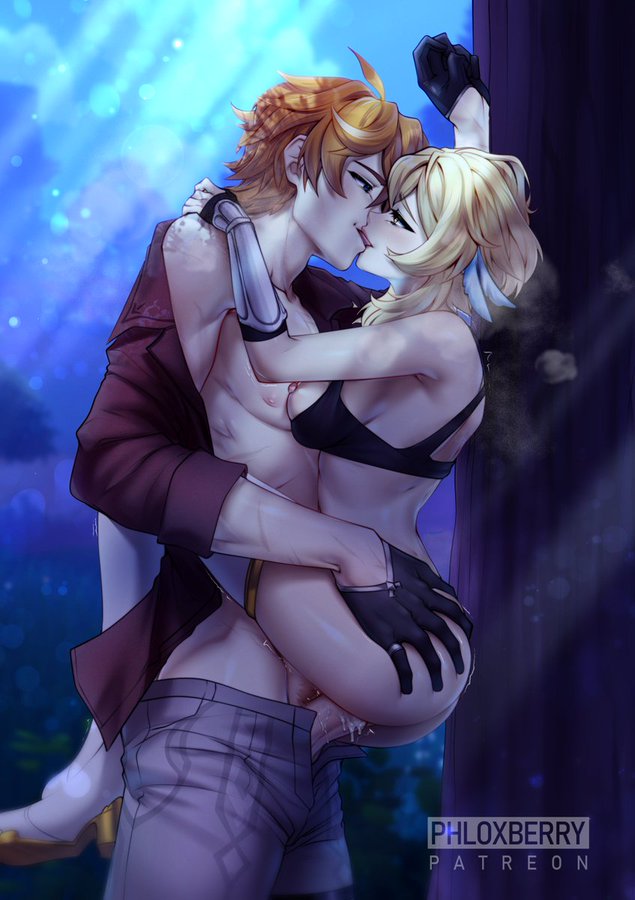 1boy 1boy1girl 1girls against_tree ass_grab blonde_hair breast_on_chest carrying_partner childe_(genshin_impact) dripping_cum female female_penetrated forest french_kiss genshin_impact ginger gloves kissing legs_around_partner looking_at_partner lumine_(genshin_impact) making_out male male_penetrating night open_fly open_shirt outdoor_sex outdoors partially_clothed phloxberry public public_sex sex sideboob stand_and_carry_position standing standing_sex tartaglia_(genshin_impact) thigh_boots tongue_kiss