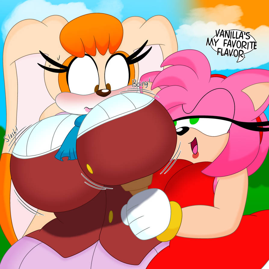 2girls, 3barts, amy rose, anthro, big breasts, blush, breasts, dress, female, female only, hedgehog, huge breasts, ice cream cone, lagomorph, large breasts, mature female, milf, multiple females, multiple girls, rabbit, sonic (series), vanilla the rabbit, voluptuous