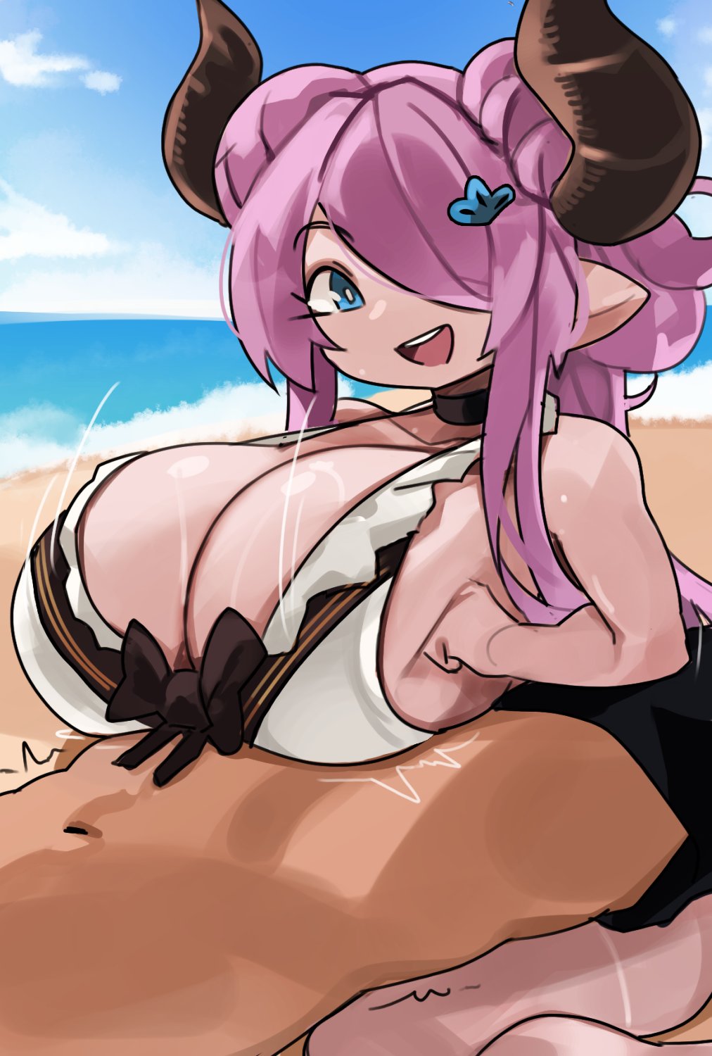 1boy, 1girls, beach, bikini, bikini top, blue eyes, breasts, breasts bigger than head, choker, draph, draph race (granblue fantasy), engulfing paizuri, female, granblue fantasy, hair over one eye, happy female, happy sex, horns, huge breasts, long hair, male, narmaya (granblue fantasy), outdoors, paizuri, paizuri lead by female, paizuri on lap, paizuri under clothes, pink hair, smile, swimsuit, unseen male face, zanamaoria