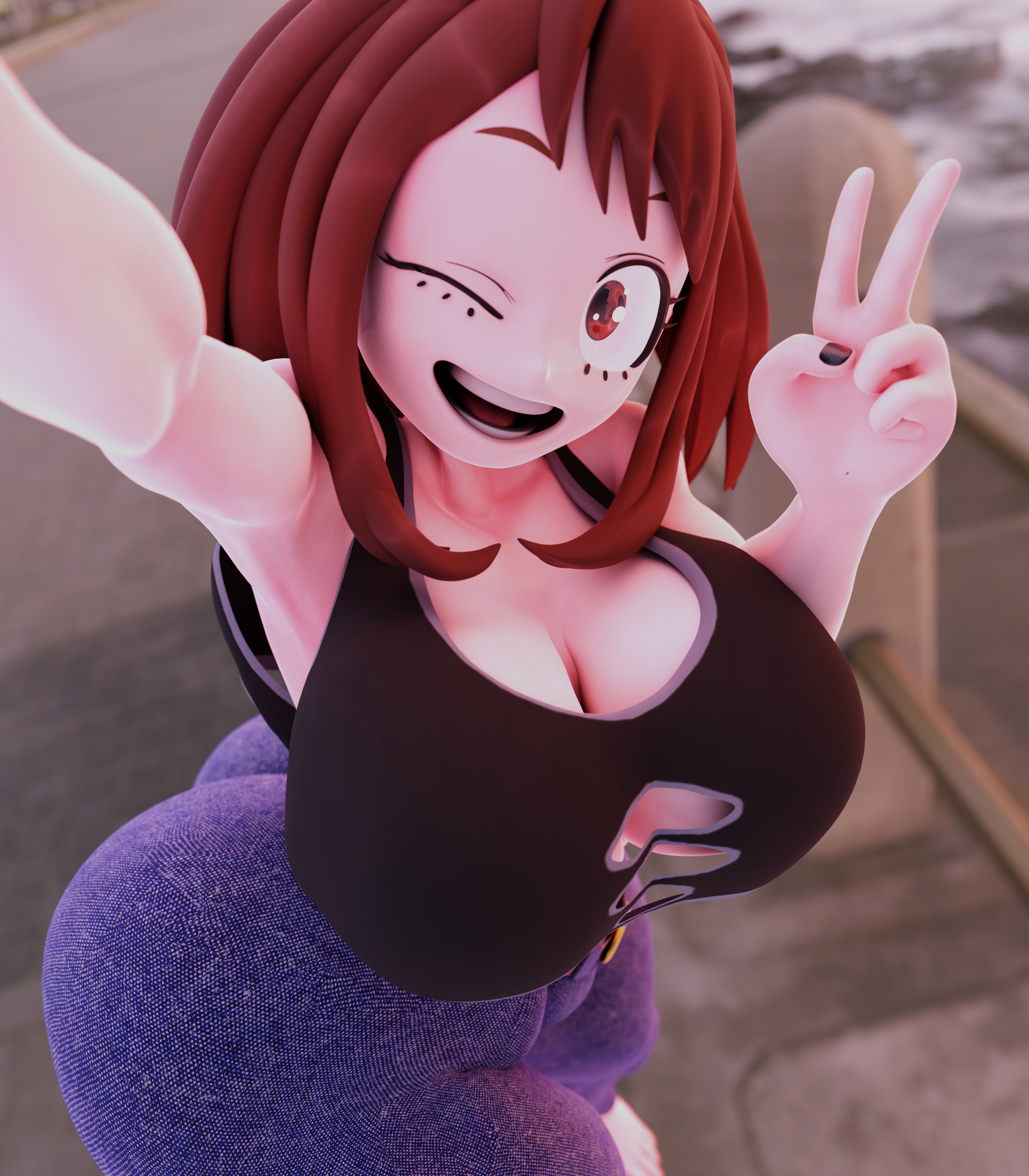 1girls, 3d, ass, boku no hero academia, breasts, brown hair, brown-haired female, cleavage, cleavage cutout, cute, female, huge ass, huge breasts, my hero academia, neenbeanmachine, ochako uraraka, peace sign, selfie, tagme, uraraka ochako