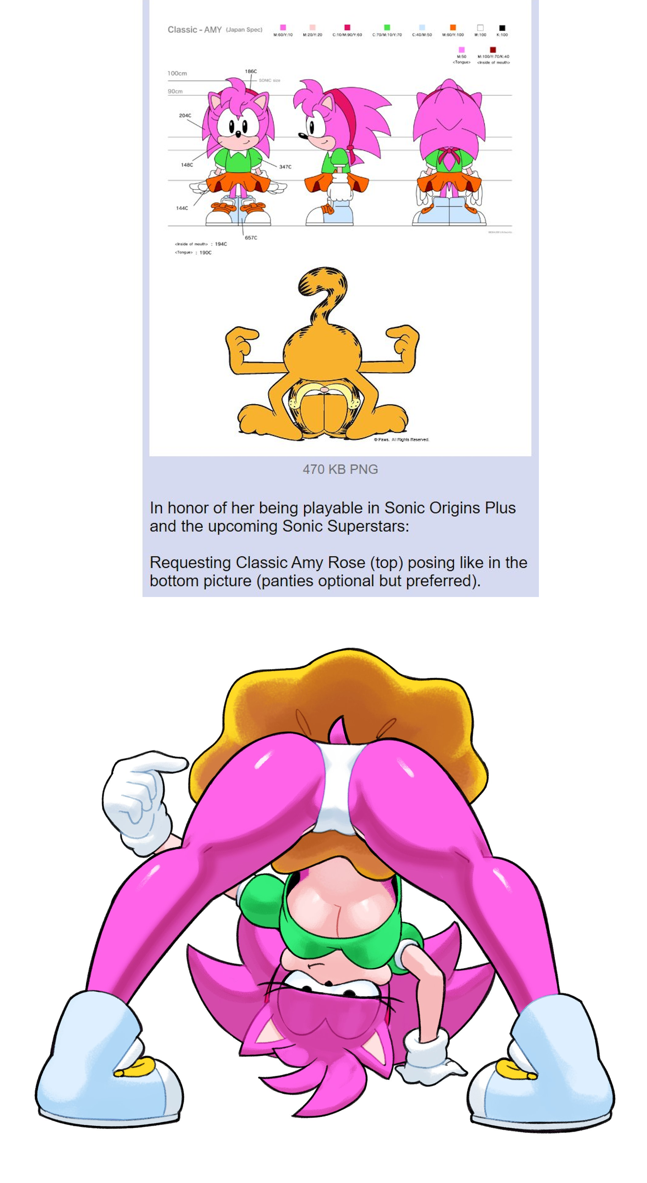 1girls, amy rose, anthro, barely visible pussy, bent over, breasts, cameltoe, classic amy rose, featureless crotch, feline, female, female focus, fully clothed, funny, garfield (series), garfield the cat, hedgehog, humor, looking back at viewer, looking between legs, minus8, pantyshot, pussy, reference sheet, sega, smug, solo, sonic (series), sonic cd, sonic the hedgehog (series), tagme, tank top, underboob, upskirt