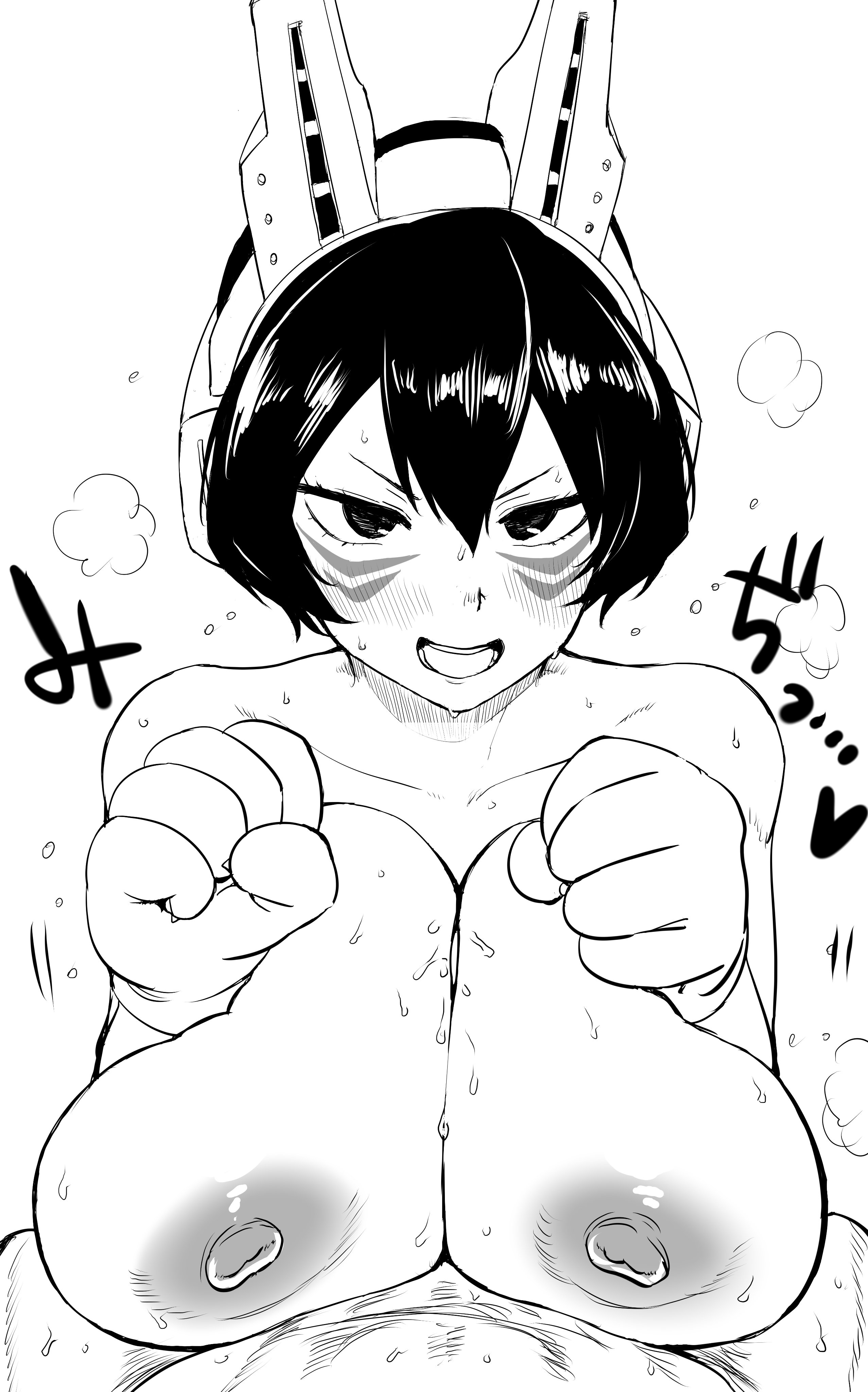 1boy, 1girls, alternate breast size, asian, asian female, big breasts, blush, breasts, cum, cum between breasts, ejaculation between breasts, engulfing paizuri, female, happy, happy paizuri, happy sex, heart, huge breasts, japanese text, kaiman garupan, large breasts, looking at viewer, male, mandalay, monochrome, my hero academia, nipples, nude, nude female, open mouth, open smile, paizuri, paizuri lead by female, paizuri on lap, pov, pov eye contact, pov paizuri, shino sousaki, smile, straight, sweat, text, translation request