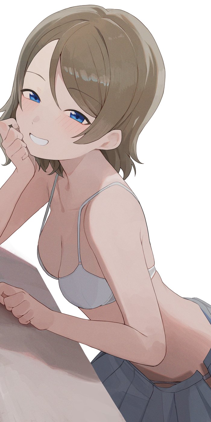 1girls, 2d, 2d (artwork), blue eyes, blush, bra, breasts, brown hair, collarbone, eyebrow through hair, female, grin, hand on face, hiroki yyqw7151, leaning on table, light skin, light-skinned female, looking at viewer, love live!, love live! sunshine!!, naughty face, pleated skirt, school desk, schoolgirl, short hair, simple background, skirt, small breasts, solo female, teenager, underwear, undressing, watanabe you, white background, white bra