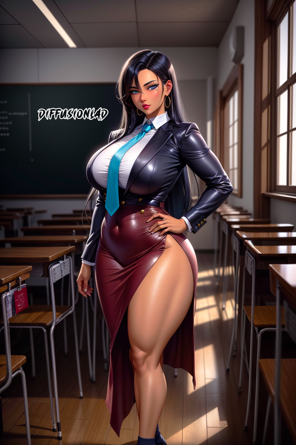 1girls ai_generated black_hair business_suit character_request copyright_request curvy_body curvy_female curvy_figure dark_skin diffusionlad female female_focus female_only huge_breasts long_hair milf seductive_look stable_diffusion teacher voluptuous voluptuous_female