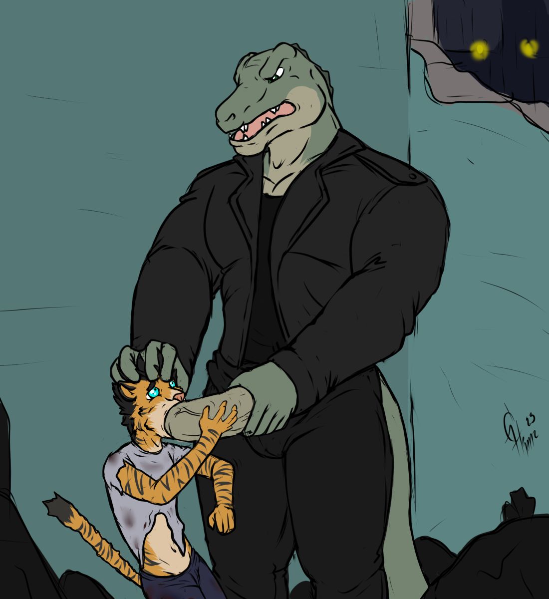 adult_male age_difference alley alligatorid anthro better_version_at_source big_muscles big_penis clothed clothing crocodilian cub dennis_(dennistherapeygator) digital_media_(artwork) duo felid forced forced_oral fur genitals hair hi_res homeless huge_cock hunterramirez male male/male male_cub male_only mammal muscular muscular_anthro muscular_male oral pantherine penetration penis public rape reptile scalie sex size_difference tiger torn_clothing trash_bag young