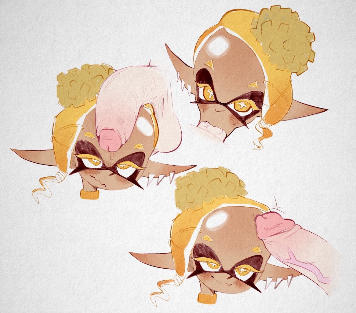 :>=, 2023, balls, blowjob, blowjob face, blush, clothed female, color edit, dark skin, dark-skinned female, deep cut (splatoon), dick, disembodied penis, faceless male, fellatio, female, forehead, frye (splatoon), hair ornament, hi res, inkling, inkling girl, interracial, light skin, light-skinned male, long hair, looking at viewer, male, male/female, oral, penis, penis on face, penis on head, piercings, seductive, seductive look, seductive smile, solo, solo female, solo focus, splatoon, splatoon (series), splatoon 3, tentacle hair, white penis, xu53r, yellow hair