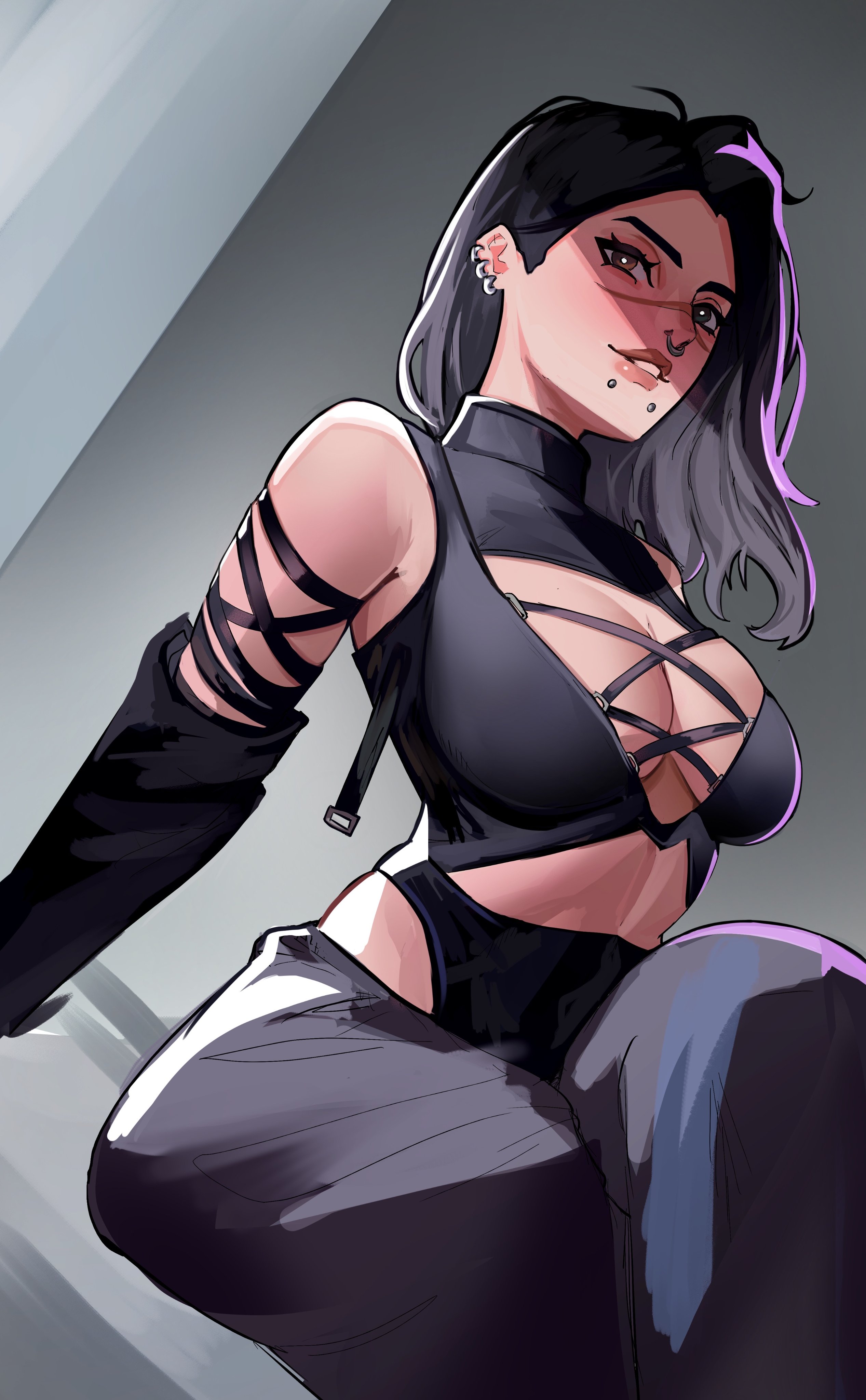 1girls, big breasts, black and white hair, breasts, brown eyes, clothed, fade (valorant), female, female only, looking at viewer, sitting, valorant, vile jp, white body