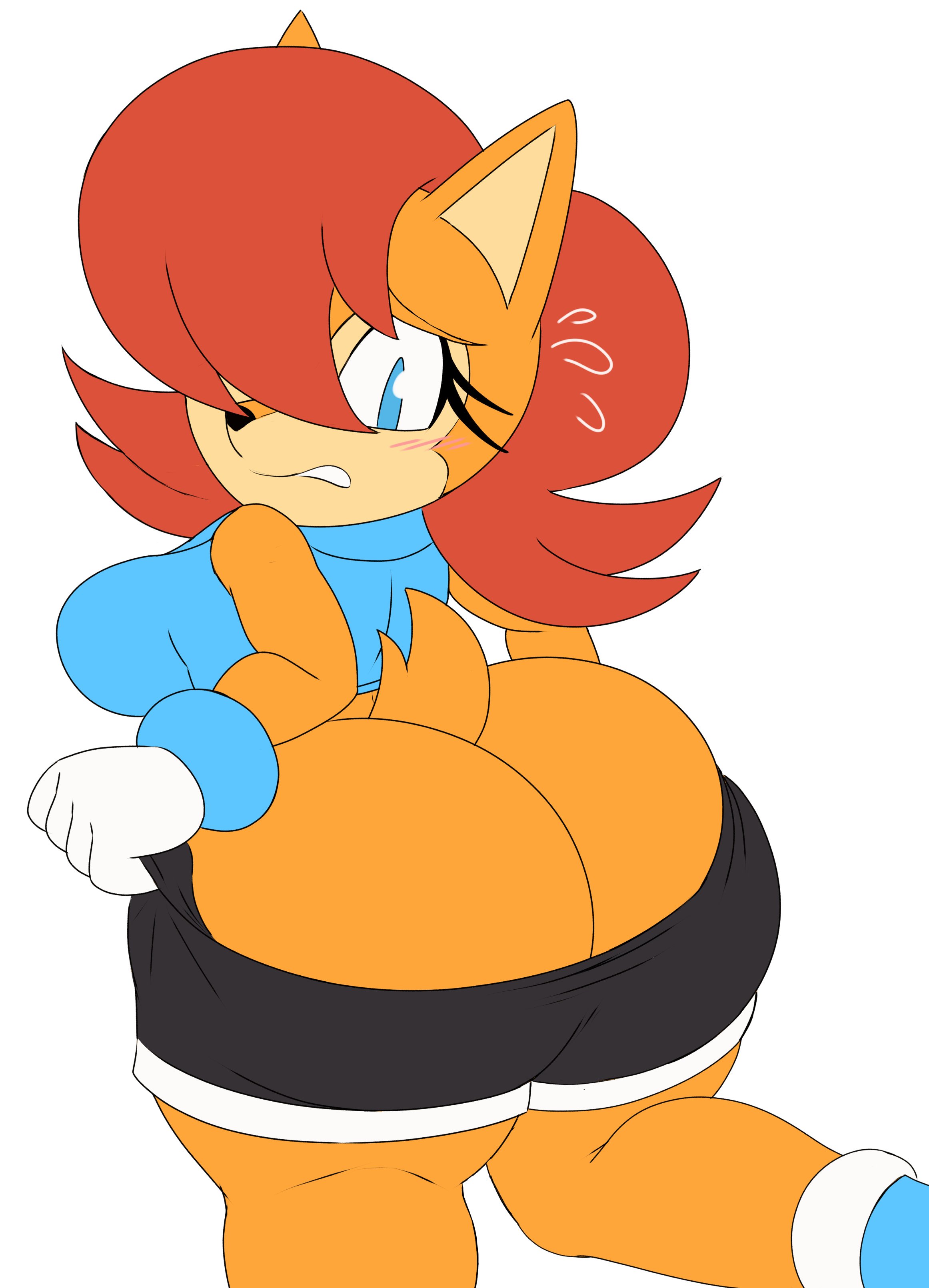 1girls, 2023, animal ears, anthro, archie comics, ass, ass cleavage, ass crack, ass focus, big ass, big butt, black nose, blue eyes, blue vest, blue-eyed female, blush, breasts, brown body, brown fur, brown hair, brown skin, bubble ass, bubble butt, butt crack, chipmunk, clothed, clothing, commission, curvy, curvy female, curvy figure, eyelashes, female, female only, fur, furry, gloves, ground squirrel, hair covering eye, hair over one eye, large ass, mechspazer, mobian (species), pants pull, pulling pants up, rodent, sally acorn, sega, short hair, shorts, shorts pull, sideboob, solo, solo female, sonic (series), sonic satam, sonic the hedgehog (archie), sonic the hedgehog (comics), sonic the hedgehog (series), spandex, spandex shorts, squirrel, struggling, struggling to fit, tail, thick ass, thick thighs, two-tone fur, vest, white background