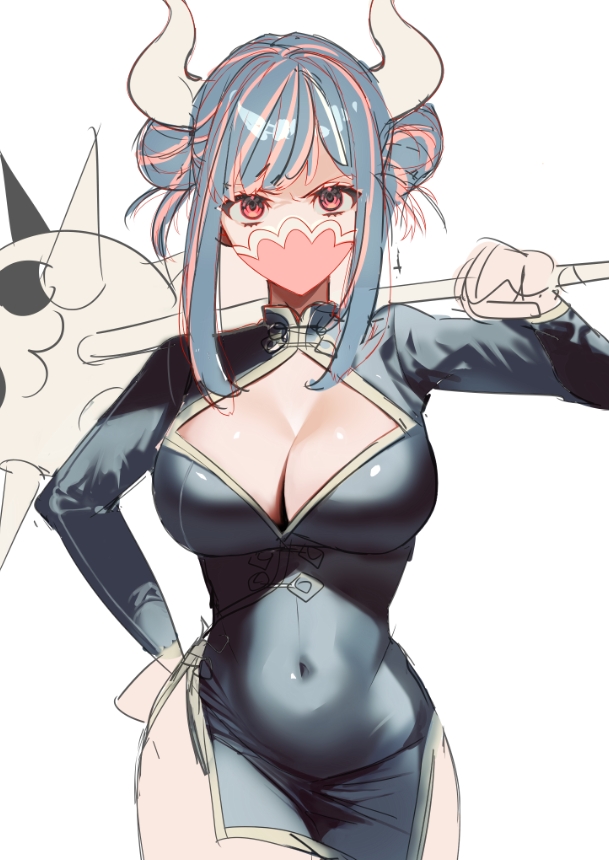 backup_(pixiv) big_breasts blue_hair boob_window china_dress chinese_clothes cleavage colored_sketch double_bun female female_only hand_on_hip horns hourglass_figure looking_at_viewer mace mouth_mask one_piece pink_eyes side_slit sketch solo two_tone_hair ulti_(one_piece) weapon wide_hips