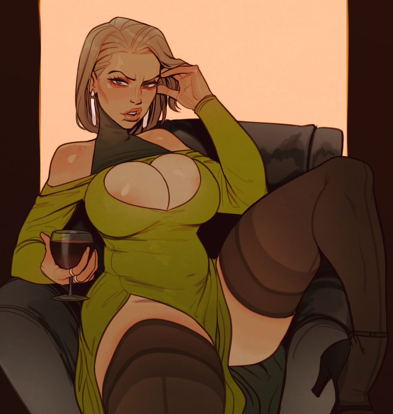 big_breasts boob_window bottomless breasts chubby female female_focus female_only fully_clothed glass_of_wine high_heels huge_breasts incase looking_at_viewer mature mature_female milf raised_leg short_hair sitting solo thick_thighs thighhighs wine wine_glass