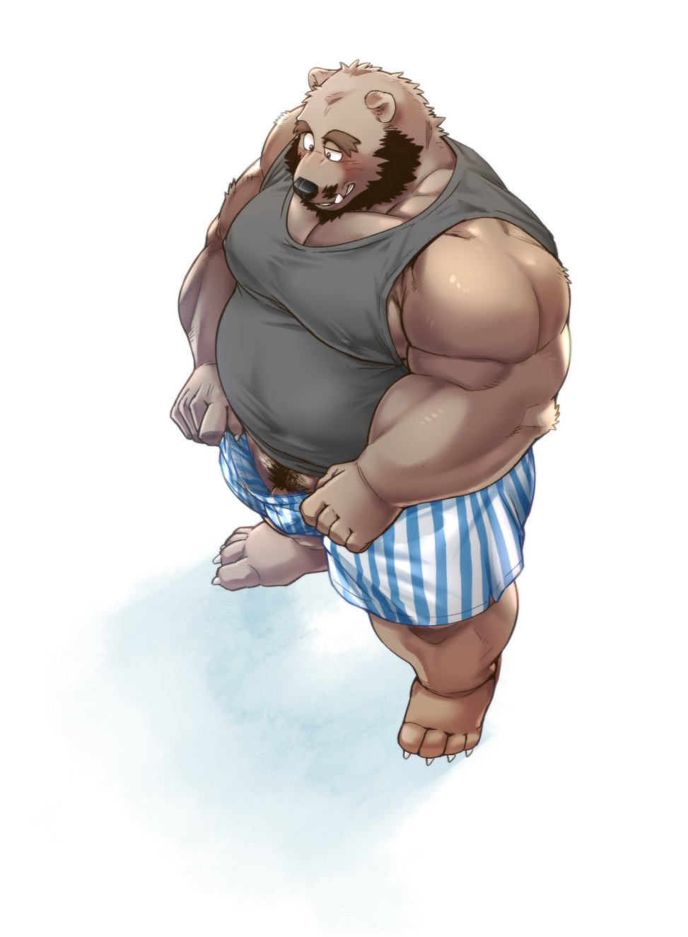 alternate_version_at_source anthro barely_visible_genitalia barely_visible_penis bear beard belly body_hair brown_bear clothed clothing colored erect_nipples facial_hair flaccid fur genitals grey_body grey_fur grizzly_bear hi_res humanoid_genitalia humanoid_penis kemono kumagaya_shin love_mechanic male mammal moustache musclegut muscular muscular_male nipple_outline nipples overweight overweight_male partially_clothed partially_exposed_penis pecs penis penis_base pubes simple_background sleeveless_shirt solo tom_(lm) underbite underwear ursine