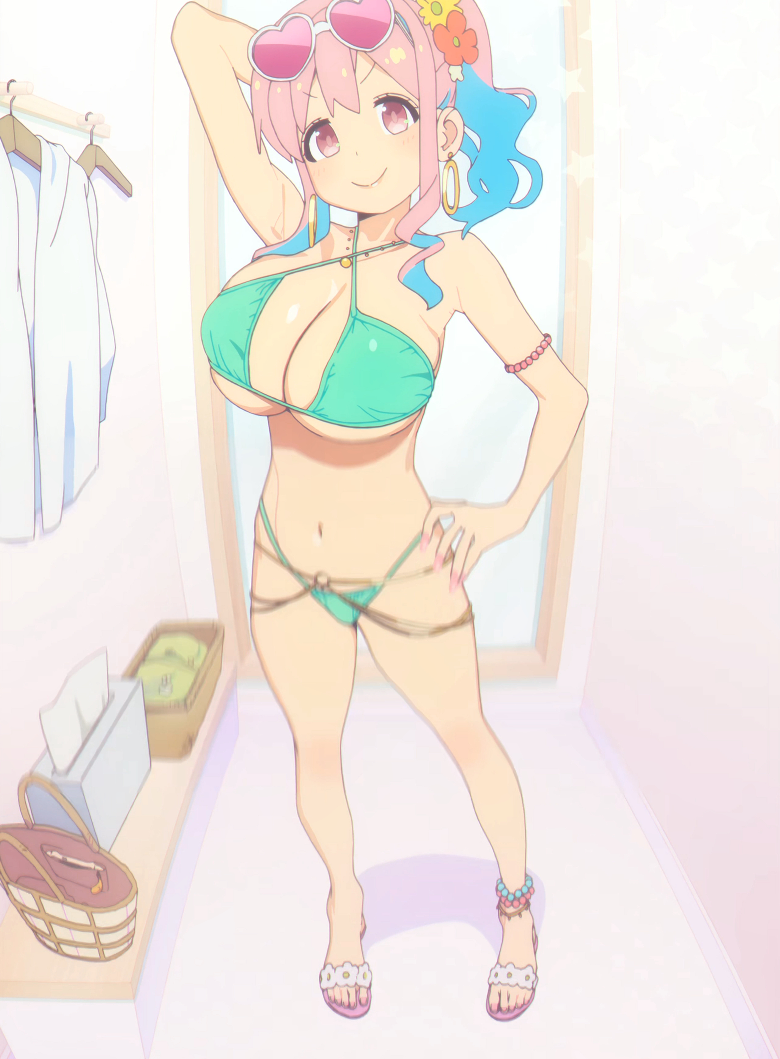 absurdres, accurate art style, arm behind head, armpits, bikini, blue hair, breasts, cleavage, collarbone, earrings, eyewear on head, female, glasses, gradient hair, green bikini, hand on own hip, heart, heart-shaped eyewear, highleg, highleg bikini, highres, hoop earrings, hozuki kaede, huge breasts, jewelry, lips, looking at viewer, multicolored hair, nail polish, navel, onii-chan wa oshimai!, pink eyes, pink hair, pink nails, ponytail, sandals, screencap, sidelocks, smile, stitched, stomach, sunglasses, sunglasses on head, swimsuit, thighs, third-party edit, underboob