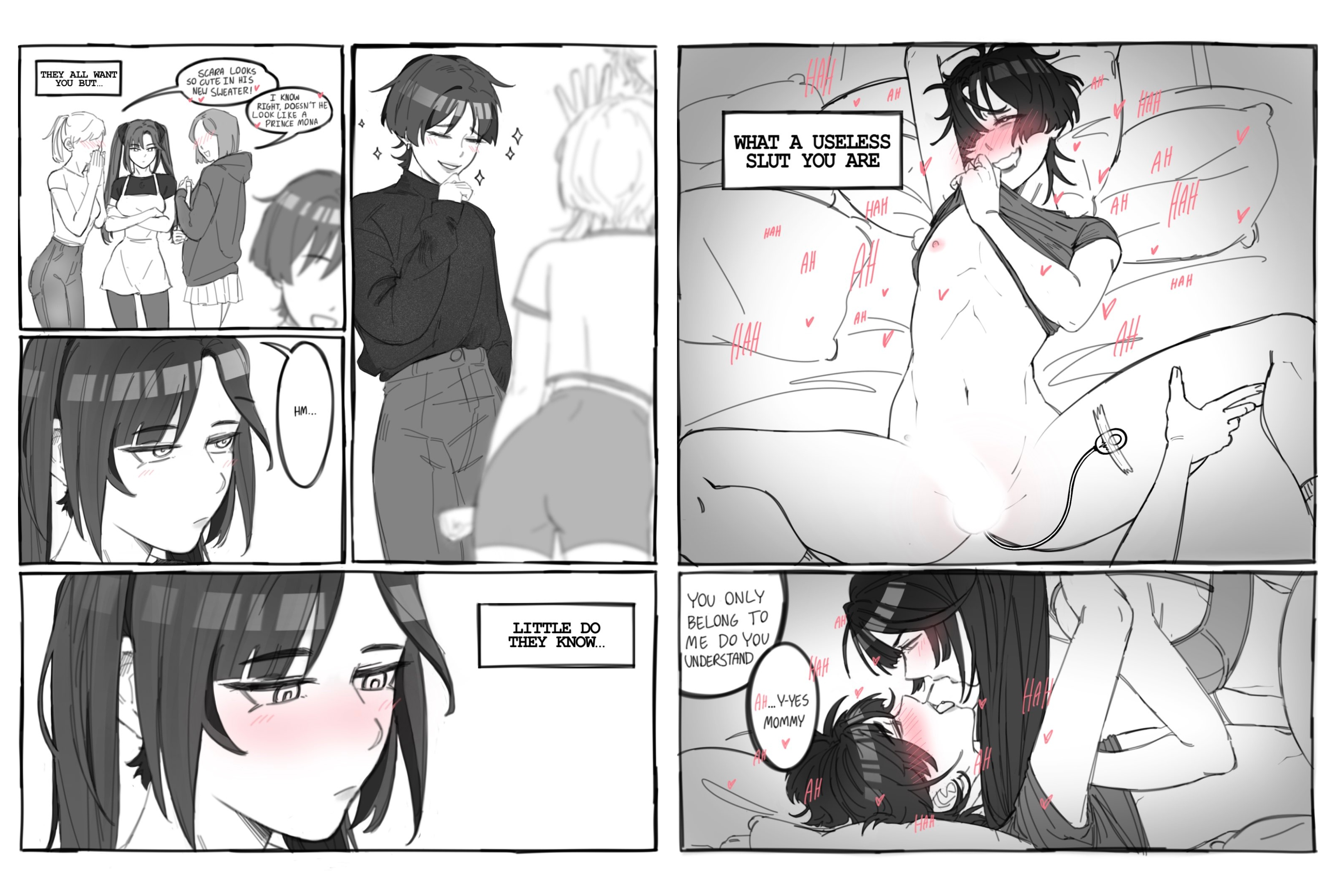 bed, before sex, blush, censored, clothed, comic, english text, female, femdom, genshin impact, half-closed eyes, heart, male, moaning, mona (genshin impact), monochrome, on bed, pillow, scaramouche (genshin impact), sex, shirt lift, spread legs, text bubble, twink, vibrator, vibrator in ass, yungzume