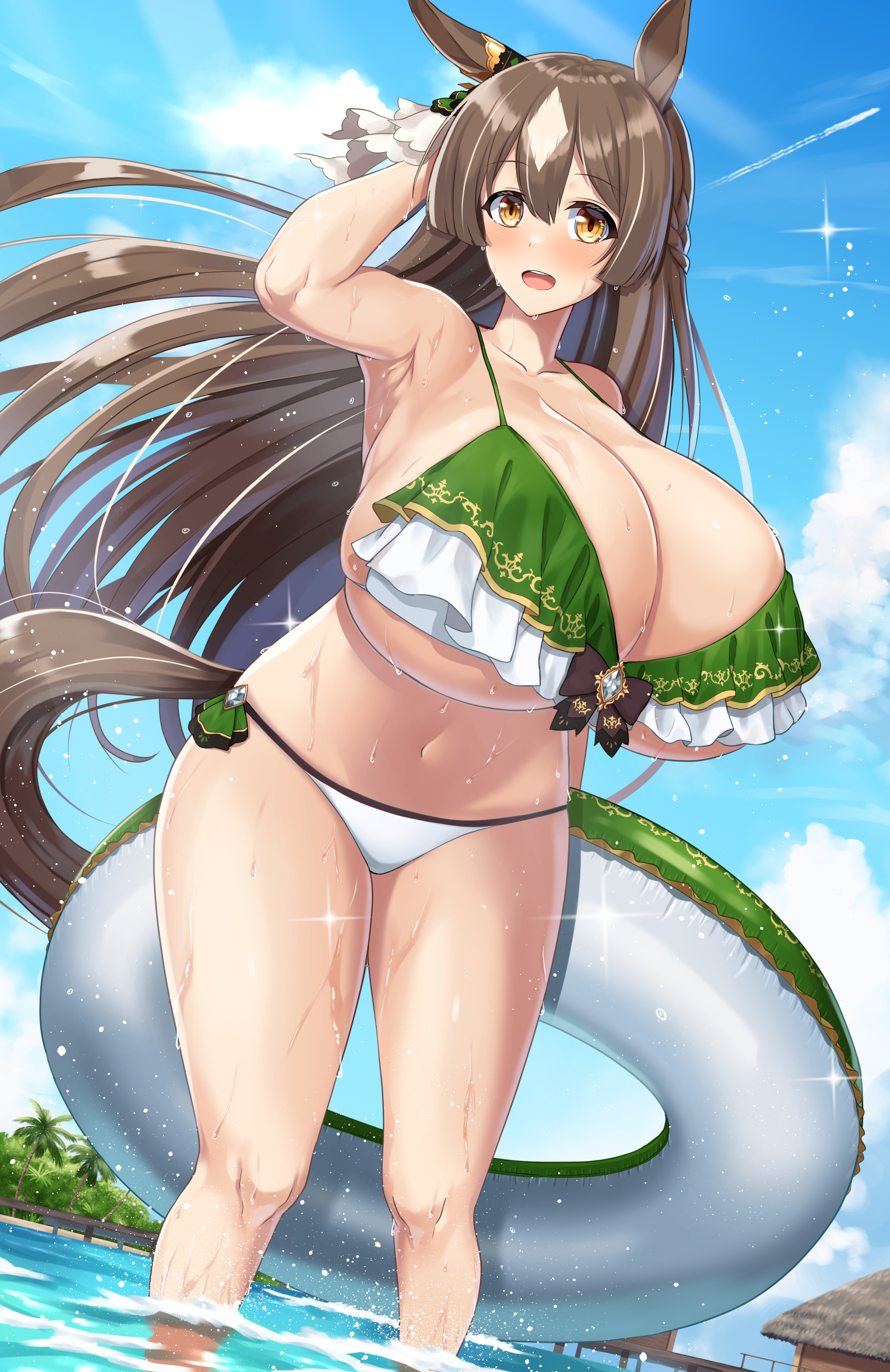 absurdres, alternate breast size, animal ears, armpits, bad id, bad pixiv id, bare arms, bare legs, bare shoulders, bikini, blue sky, braid, breasts, brown eyes, brown hair, cleavage, daien (daien418), day, female, frilled bikini, frills, gigantic breasts, green bikini, half updo, highres, horse ears, horse girl, horse tail, innertube, long hair, looking at viewer, navel, open mouth, outdoors, satono diamond (umamusume), skindentation, sky, smile, solo, sparkle, standing, string bikini, summer, swimsuit, tail, thighs, umamusume, very long hair, wading, water, wet, white bikini