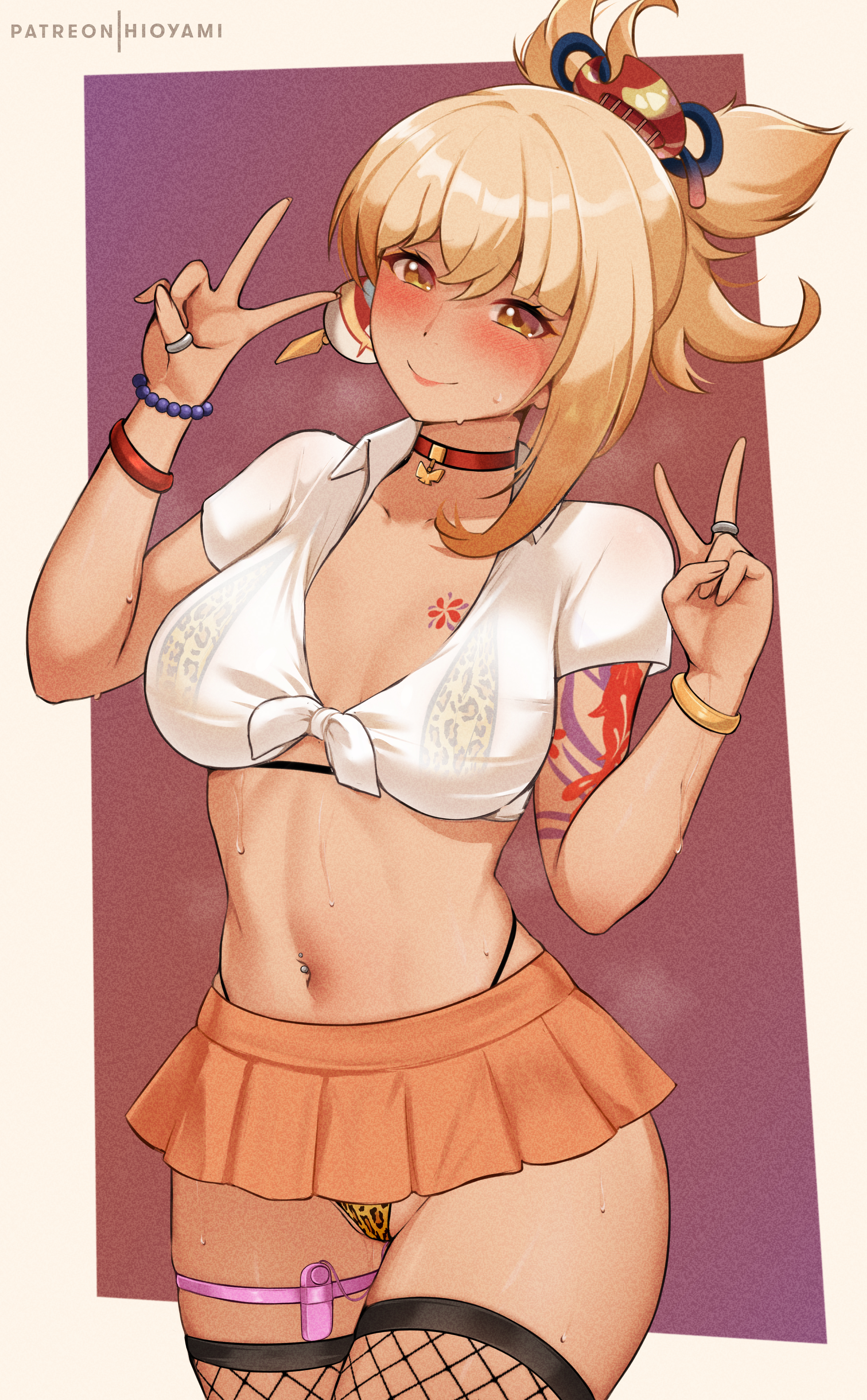 1girls, big thighs, blush, bodily fluids, dark skin, dark-skinned female, double v, female, fishnets, genshin impact, gyaru, hioyami, huge thighs, large thighs, leopard print, leopard print bikini, navel, navel piercing, see-through, sweat, thick thighs, thighs, voluptuous, white background, yoimiya (genshin impact)