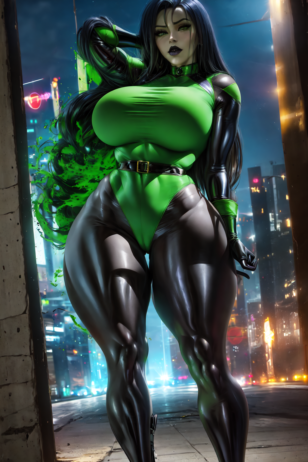 1girls, ai generated, breasts, disney, female, female only, huge breasts, kim possible, seductive look, shego, solo, the hotshot, thick thighs, wide hips