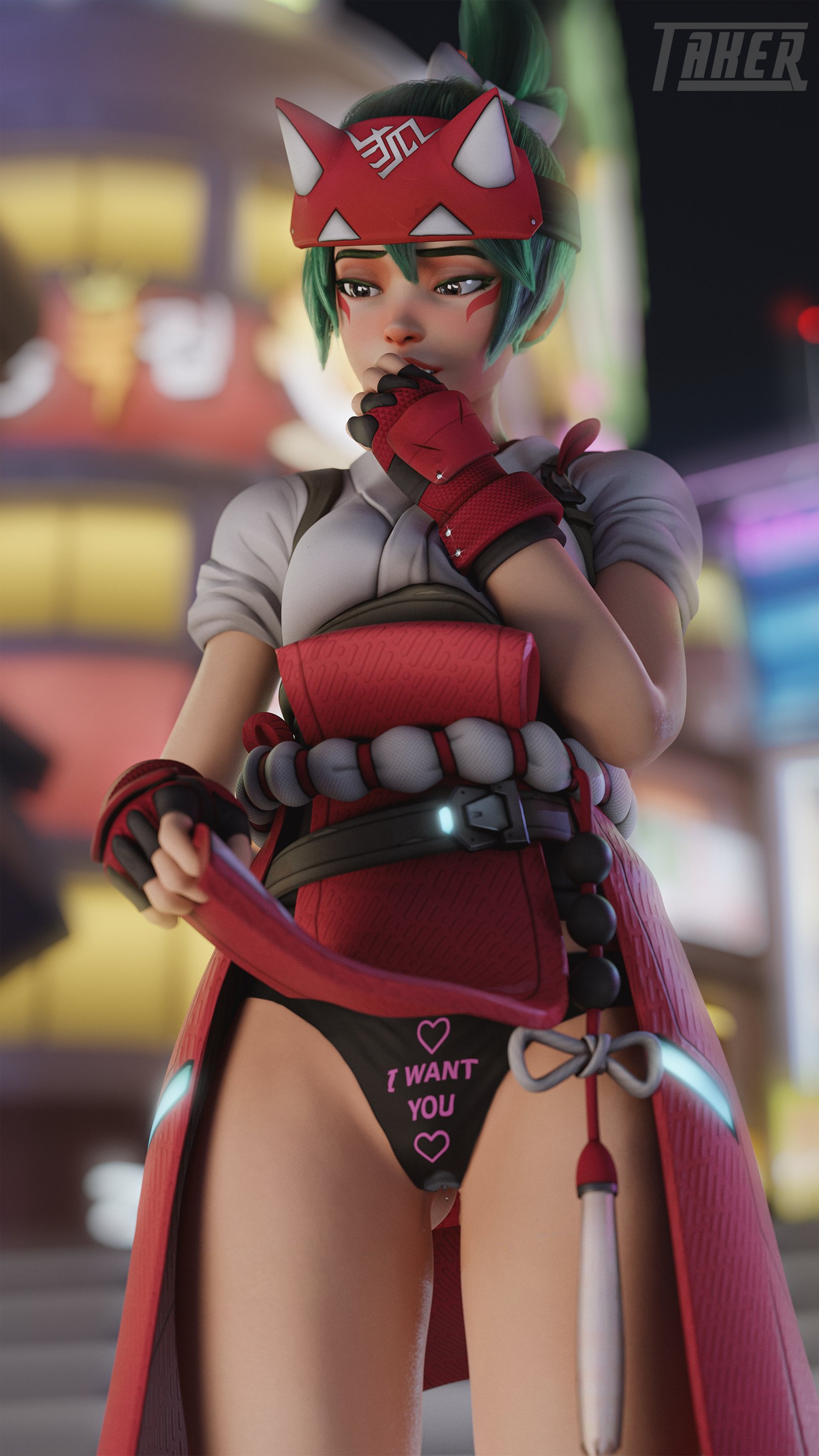 3d, 3d (artwork), blender, blender (software), blizzard entertainment, facial markings, female, female only, fingerless gloves, green hair, kiriko (overwatch), kiriko kamori, light skin, light-skinned female, makeup, mask, overwatch, overwatch 2, panties, presenting panties, presenting pussy, pussy, pussy juice drip, shy, standing, takerskiy, white kimono