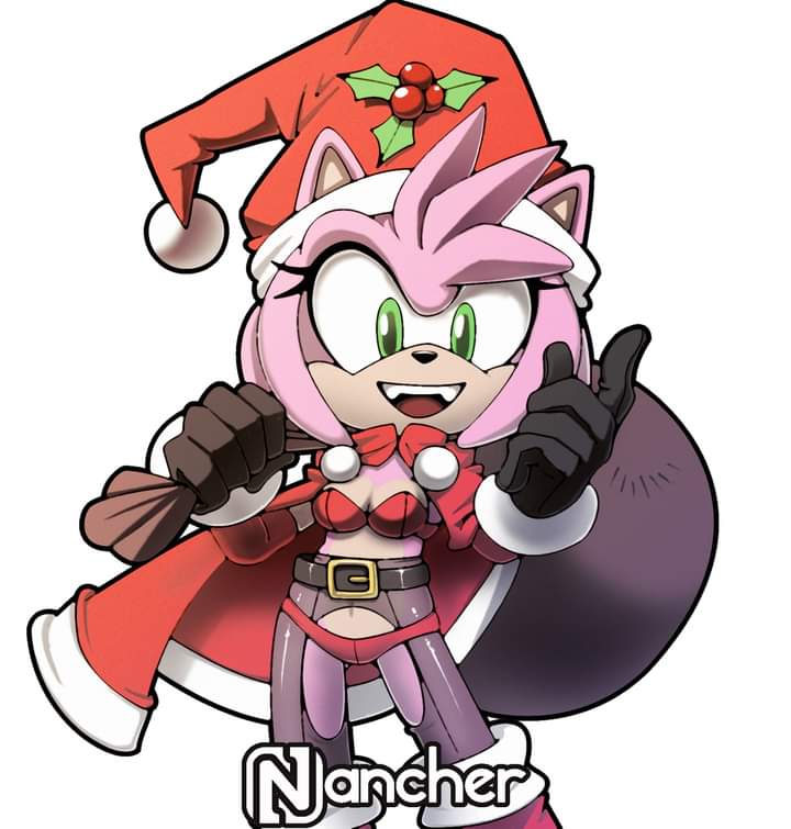 1girls amy_rose anthro bag belt christmas christmas_outfit cloak crop_top furry glove nancher santa_hat sonic_(series) sonic_the_hedgehog_(series) underwear