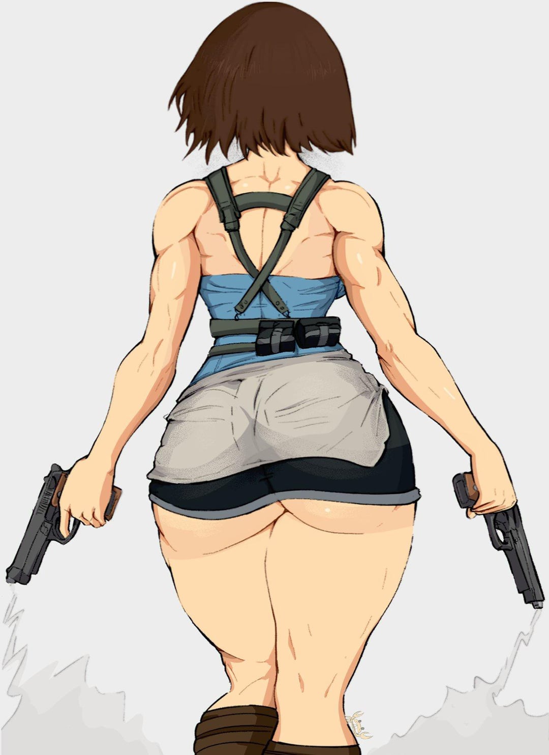 1girls, 2d, 2d (artwork), artist logo, ass, ass cheeks, ass focus, back view, big ass, brown hair, butt cheeks, capcom, clothed, clothed female, dual wielding, exposed ass, female, female only, female protagonist, gun, guns, jill valentine, miniskirt, muscular, muscular female, no sex, resident evil, samurai edge (pistol), solo, solo female, thick ass, thick thighs, tubetop, weapon, weapons, yoracrab