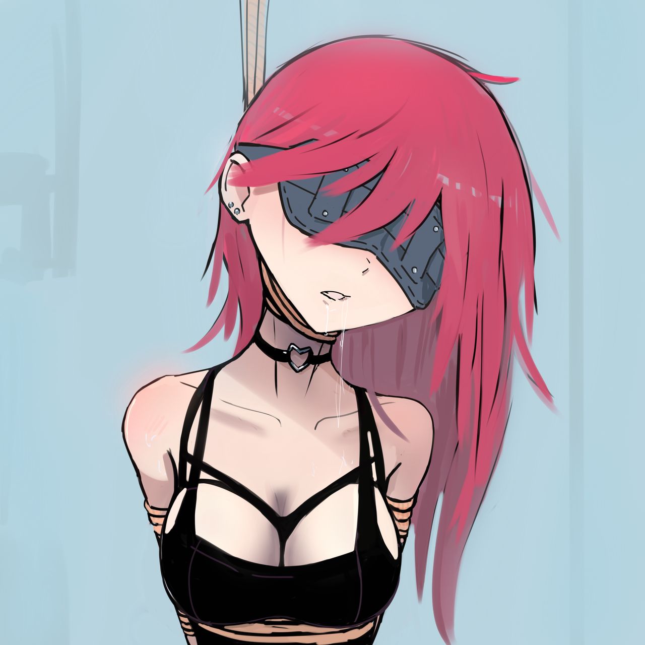 1girls, 2d, arms behind back, arms tied, arms tied behind back, asphyxiation, blindfold, bondage, choker, cleavage, female, hanged, nradiowave, rope, rope bondage, saliva, tagme