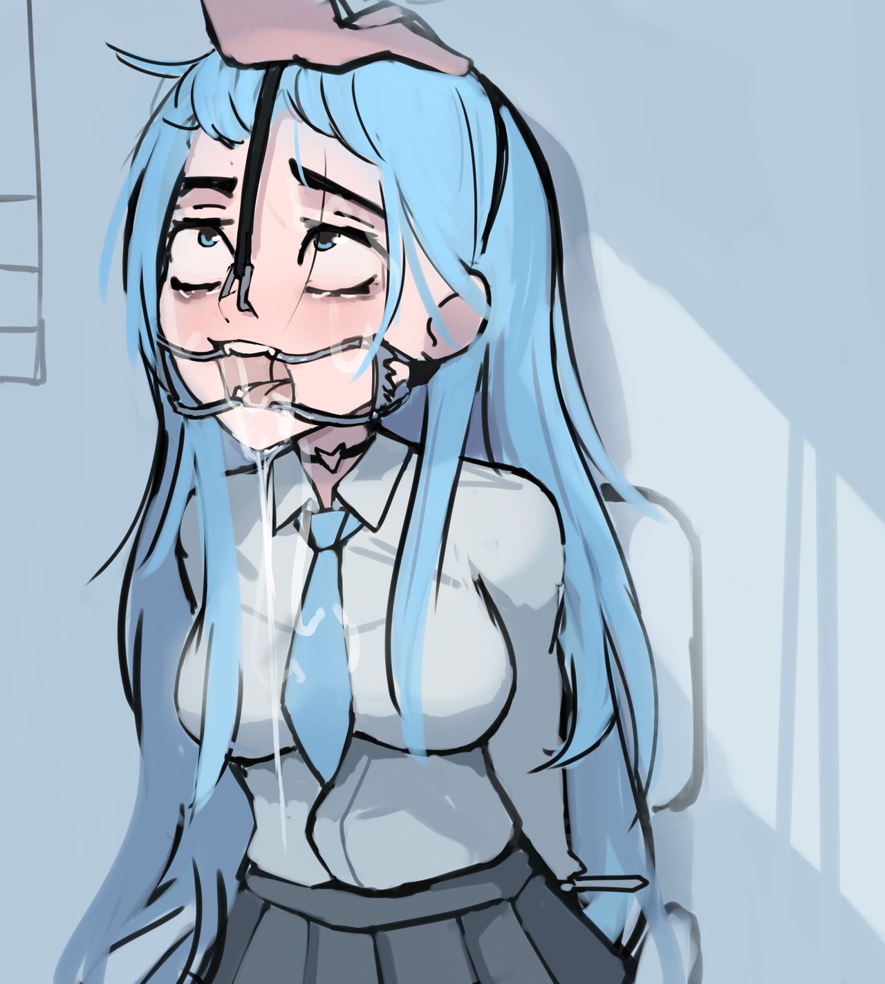 1girls, 2d, blindfold, blue eyes, blue hair, bondage, bondage gear, character request, clothed, copyright request, cum, cum on face, drool, drooling, female, hand on head, jennings gag, male, nose hook, nradiowave, open eyes, open mouth, open mouth gag, skirt, tagme