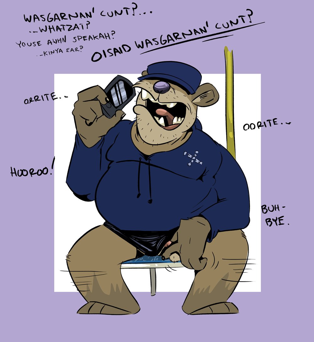 anthro bear bottomwear brokowski brown_body brown_fur clothed clothing eyes_covered fur hate humanoid male male_focus male_only mammal overweight overweight_male phone phone_call profanity public public_transportation purple_nose shorts solo solo_male sweater topwear train vehicle