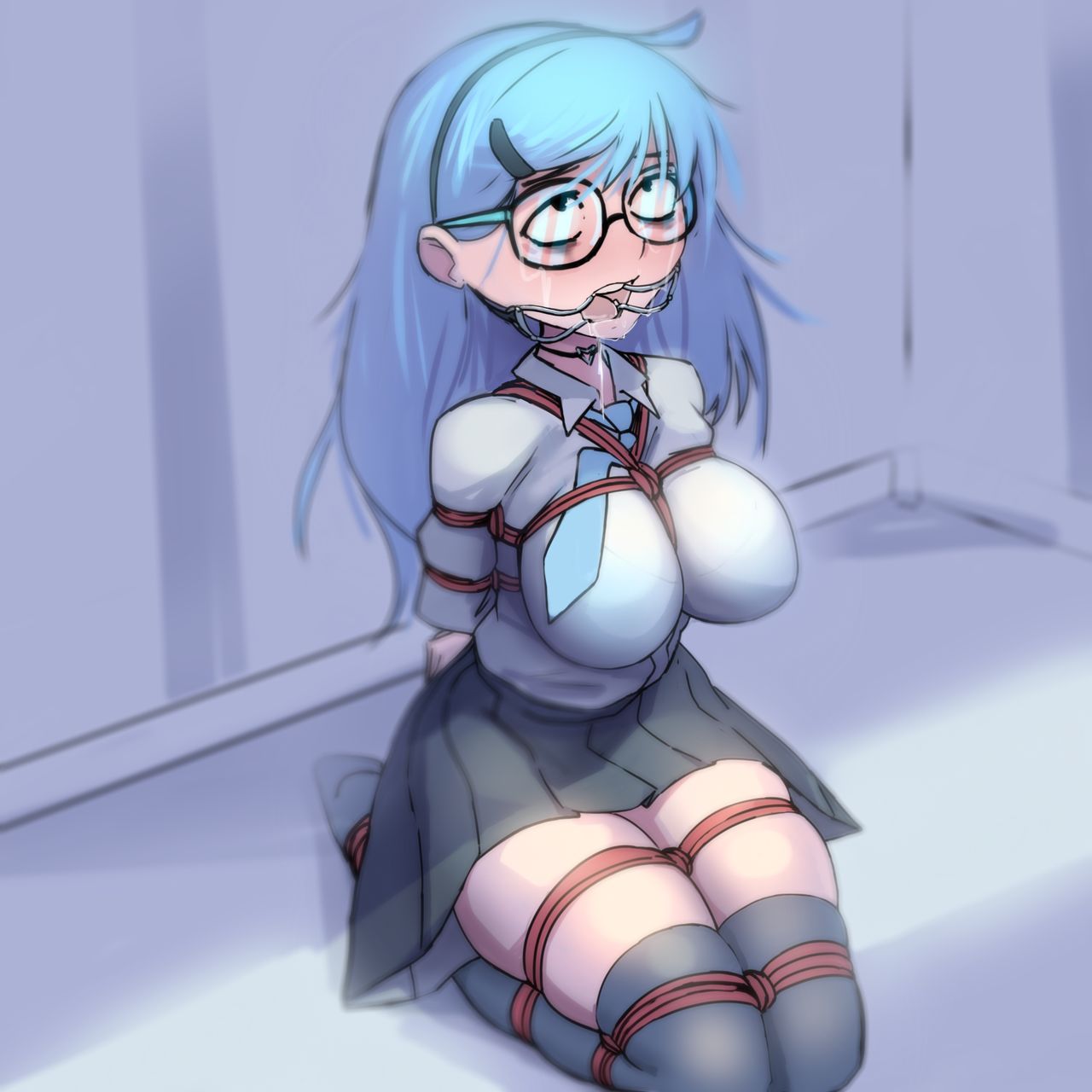 blue hair, bondage, glasses, hairband, nradiowave, tagme, tie, tied up