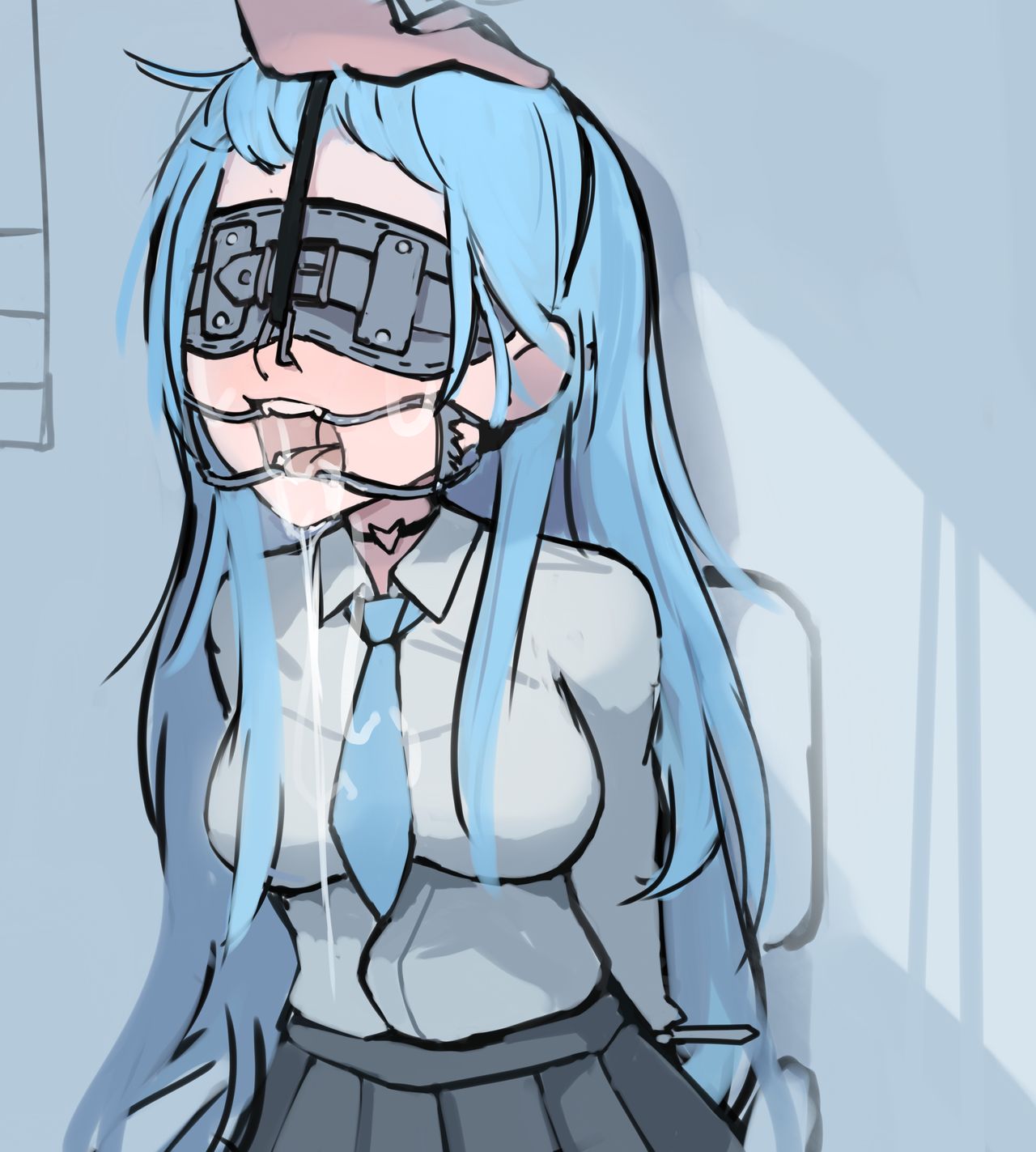 2d, blindfold, blue eyes, blue hair, character request, closed eyes, clothed, copyright request, cum, cum on face, female, hand on head, male, nose hook, nradiowave, open eyes, open mouth, skirt, tagme