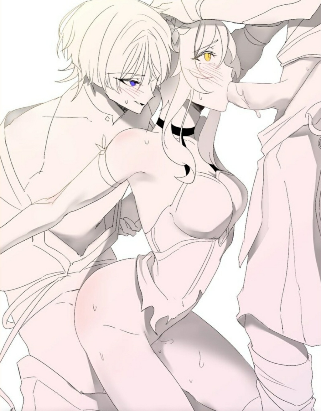 blowjob, blush, female, from behind, from behind position, genshin impact, half-dressed, hands on head, hoyoverse, looking up, lumine (genshin impact), male, open mouth, oral, oral sex, penis, scaramouche (genshin impact), sucking penis, sunggu mochasea, threesome