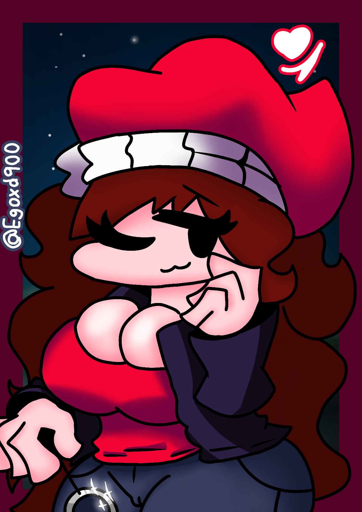 :3, alternate version available, auburn hair, beanie, big breasts, breasts, creepypasta, egoxd900, eyelashes, female, fnf, fnf mod, fnf mods, friday night funkin, friday night funkin lullaby, friday night funkin mod, girlfriend (friday night funkin), girlfriend (mods), hand on face, heart, hypnos lullaby, jacket, long hair, lullaby girlfriend (fnf), night, pants, pendulum, pussy, pussy outline, pussy visible through clothes, red hair, smile, solo, sparkles, stars, tagme, thick thighs, wink, winking at viewer