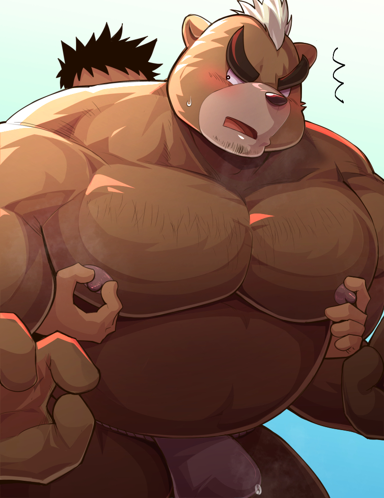 anthro ashigara asian_clothing bear belly bodily_fluids clothed clothing duo east_asian_clothing erection erection_under_clothing from_behind_position fundoshi genital_fluids hayatohalada human japanese_clothing lifewonders male male/male mammal musclegut nipple_fetish nipple_pinch nipple_play nipples pecs pinch precum precum_through_clothing sex tokyo_afterschool_summoners underwear wet wet_clothing