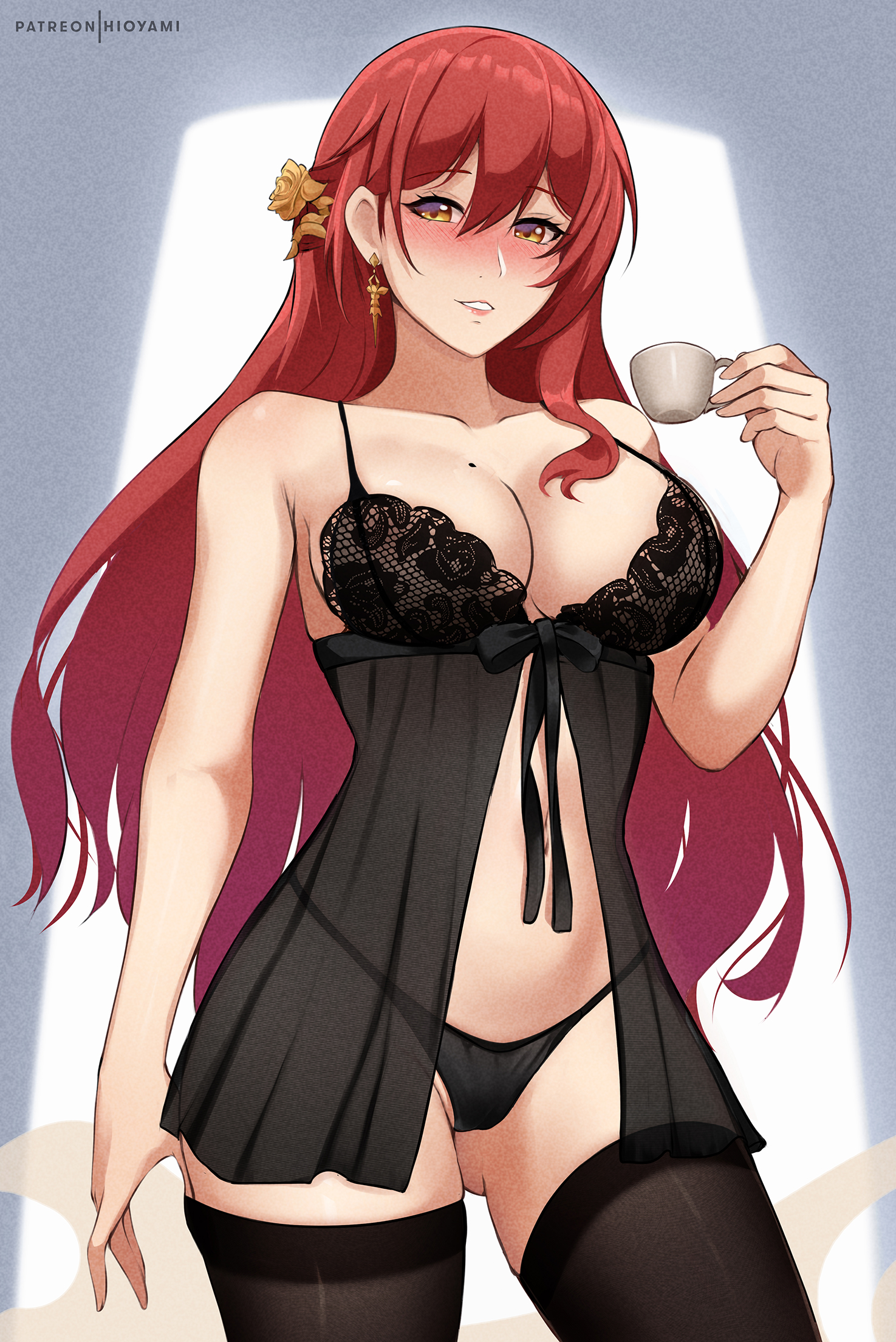 1girls, big breasts, black thighhighs, blush, bottomwear, breasts, cleavage, ear piercing, earrings, female, female only, hair, himeko (honkai: star rail), hioyami, honkai: star rail, huge breasts, lace, lace trim, lace-trimmed bra, legwear, lingerie, lips, long hair, mole, mole on breast, nightgown, red hair, ribbon, solo, solo female, thick thighs, thighhighs, topwear, yellow eyes