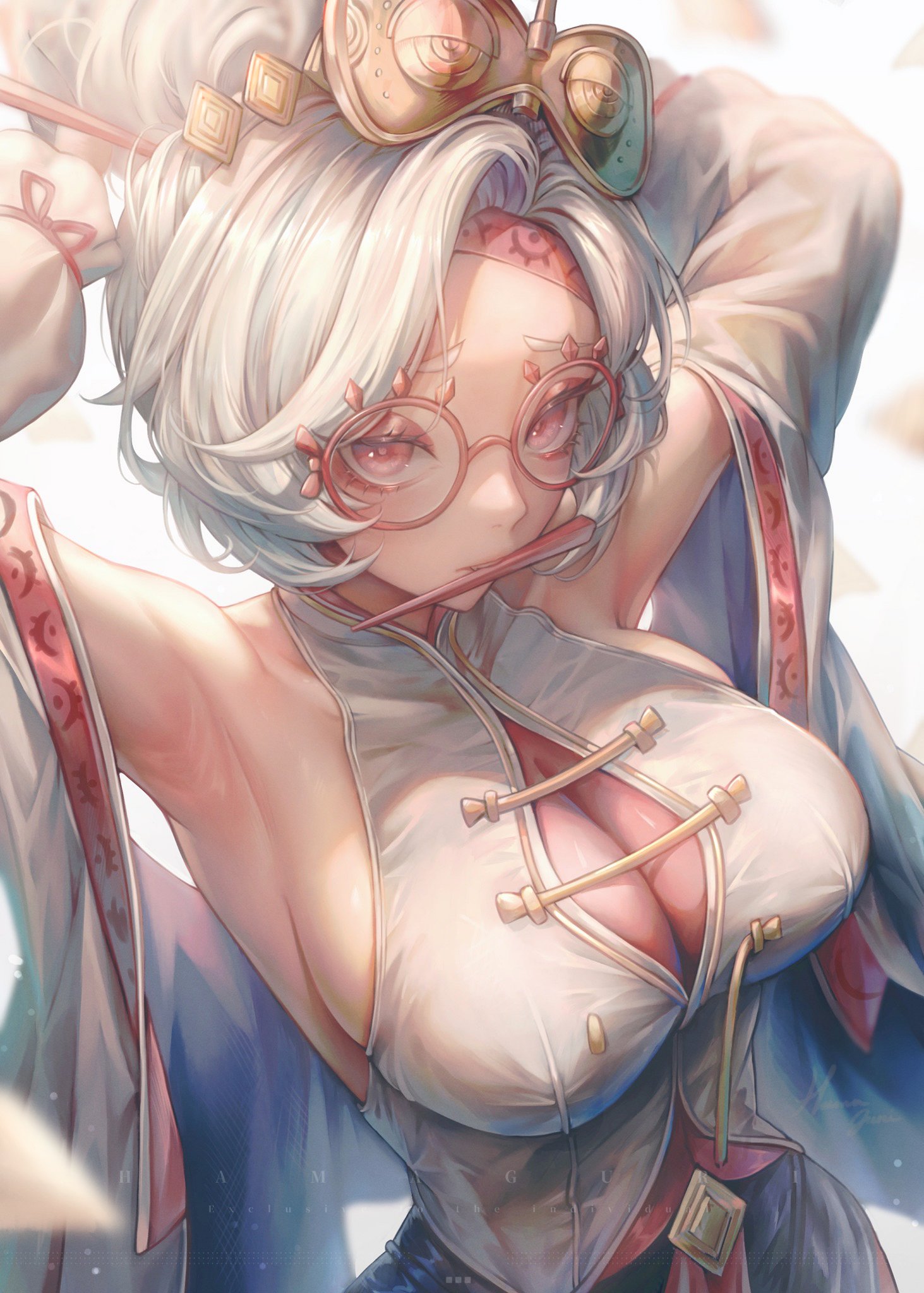 1girls, armpit crease, armpits, arms up, big breasts, breasts, busty, clothed, female, female only, glasses, hair ornament, hamaguri (hama guri), huge breasts, large breasts, purah, purah (tears of the kingdom), red eyes, tagme, tears of the kingdom, the legend of zelda, white background