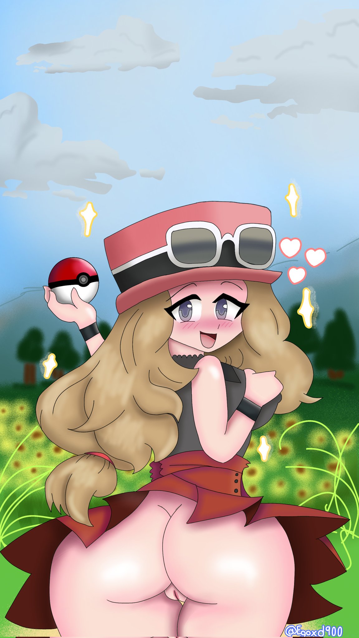 big_ass blonde_hair blue_eyes blush clouds egoxd900 eyelashes flowers grassland hat hearts huge_ass long_hair looking_at_viewer looking_back outside pokeball pokemon pov pussy serena_(pokemon) serena_(pokemon_games) short_skirt smile smiling smiling_at_viewer sparkles trees wristband