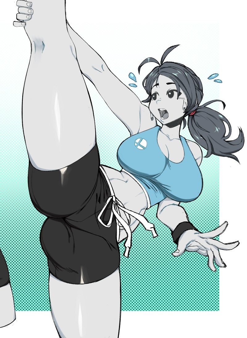 1girls, black legwear, clothing, curvaceous, curvy, curvy female, curvy figure, female, female only, grey body, human, legs up, mossy (artist), nintendo, official mossy, pale skin, shorts, solo, sportswear, stretching, stretching legs, tank top, thick thighs, thin waist, wii fit, wii fit trainer, wii fit trainer (female), wristwear, yoga