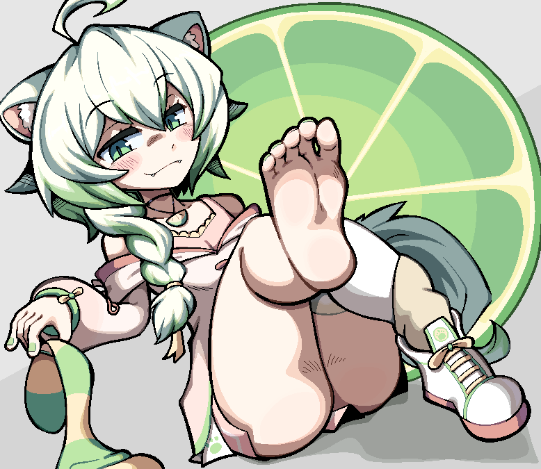 average-hanzo fangs feet feet_focus ferret ferret_girl fruit green_eyes green_hair indie_virtual_youtuber laimu limes one_shoe smug socks_removed thick_thighs upskirt vinesauce virtual_youtuber vtuber