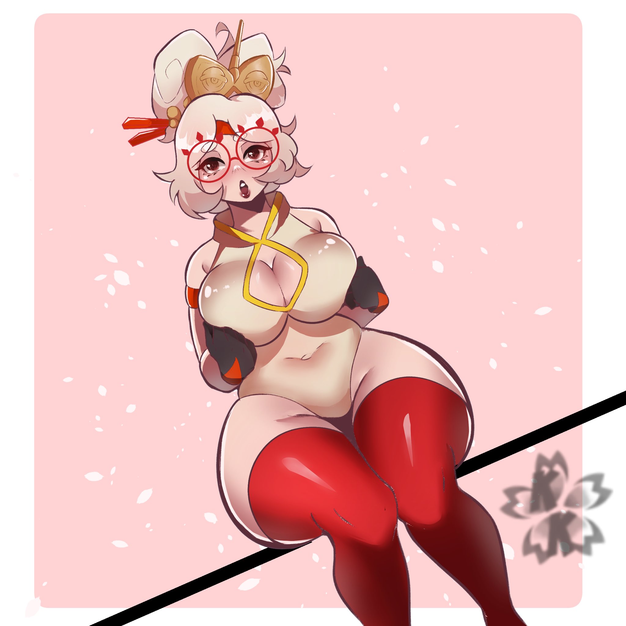 1girls, alternate breast size, big breasts, blush, breasts, female, glasses, hair ornament, holding breast, kokoe, latex, looking at viewer, open mouth, partially clothed, purah, purah (tears of the kingdom), sitting, slightly chubby, solo, stockings, tears of the kingdom, the legend of zelda, thick thighs, white hair