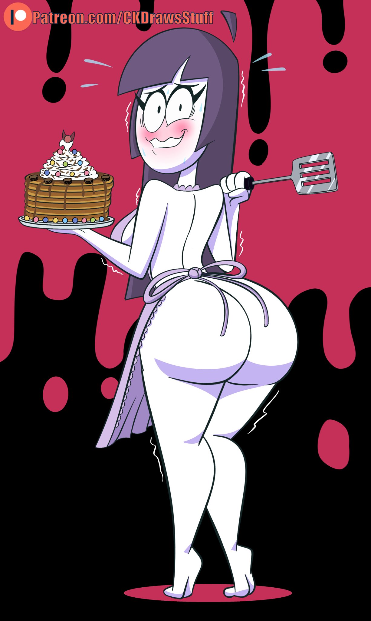 1girls apron apron_only ass ass_focus black_and_red_background codykins123 female female_only lila_(spooky_month) milf mother newgrounds pancakes purple_hair spooky_month sr_pelo tagme